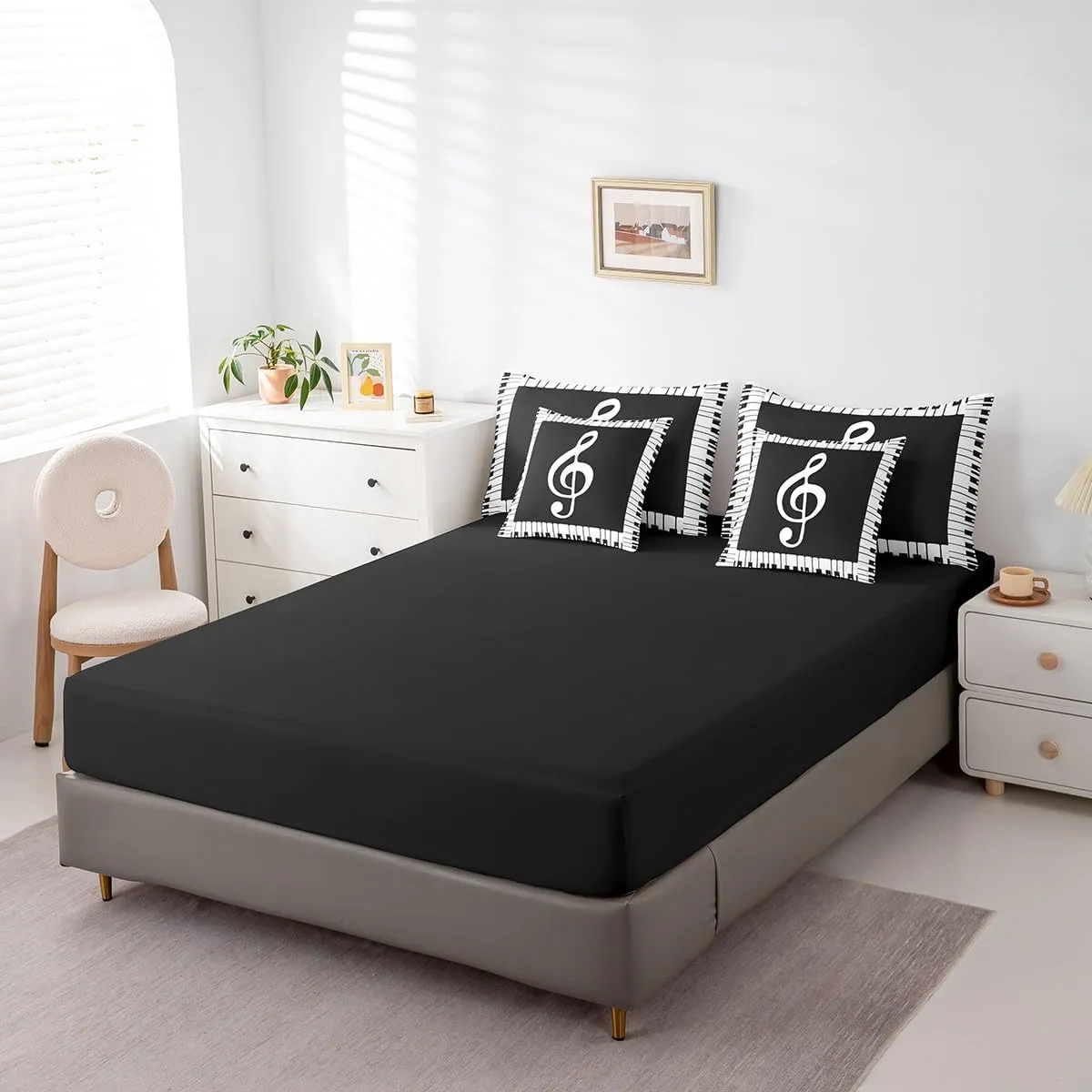 Erosebridal Music Comforter Set 7 Pieces Musical Note Bedding Set Kids Black and White Piano Notation Bed in A Bag Queen,Fashion Music Fans Sheet Set with Comforter Patchwork for Bedroom Decor