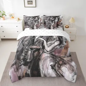Erosebridal Saxophone Music Bed in A Bag Woman Men Musical Motes Queen Comforter 7 Pieces for Adults Home Hand Drawn Oil Painting Bedding Set,Modern Aesthetic Sheet Set with Comforter,Black Purple