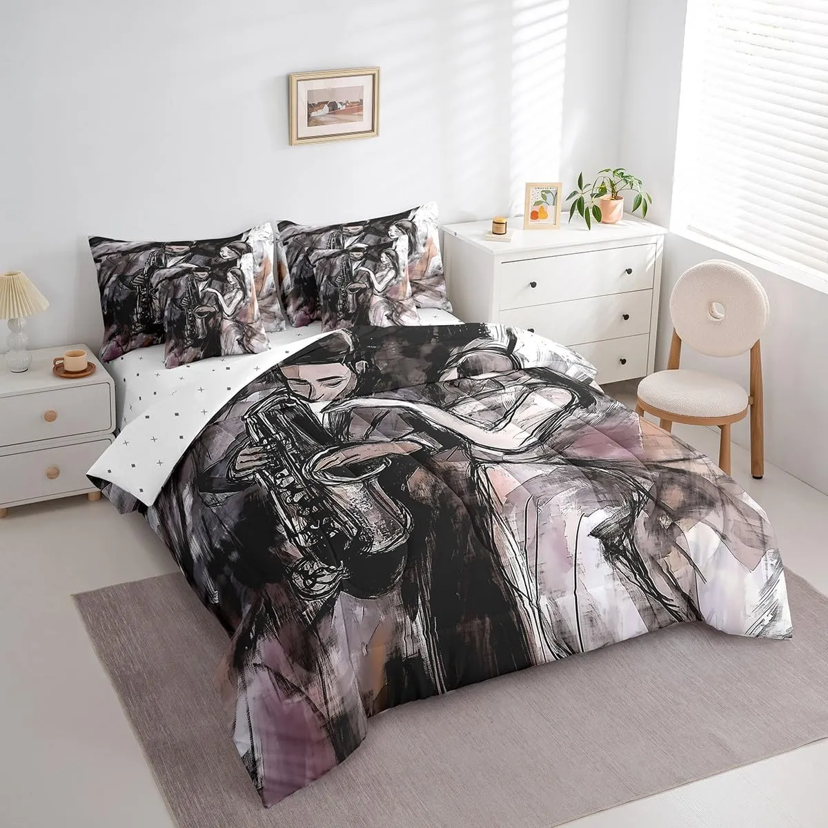 Erosebridal Saxophone Music Bed in A Bag Woman Men Musical Motes Queen Comforter 7 Pieces for Adults Home Hand Drawn Oil Painting Bedding Set,Modern Aesthetic Sheet Set with Comforter,Black Purple