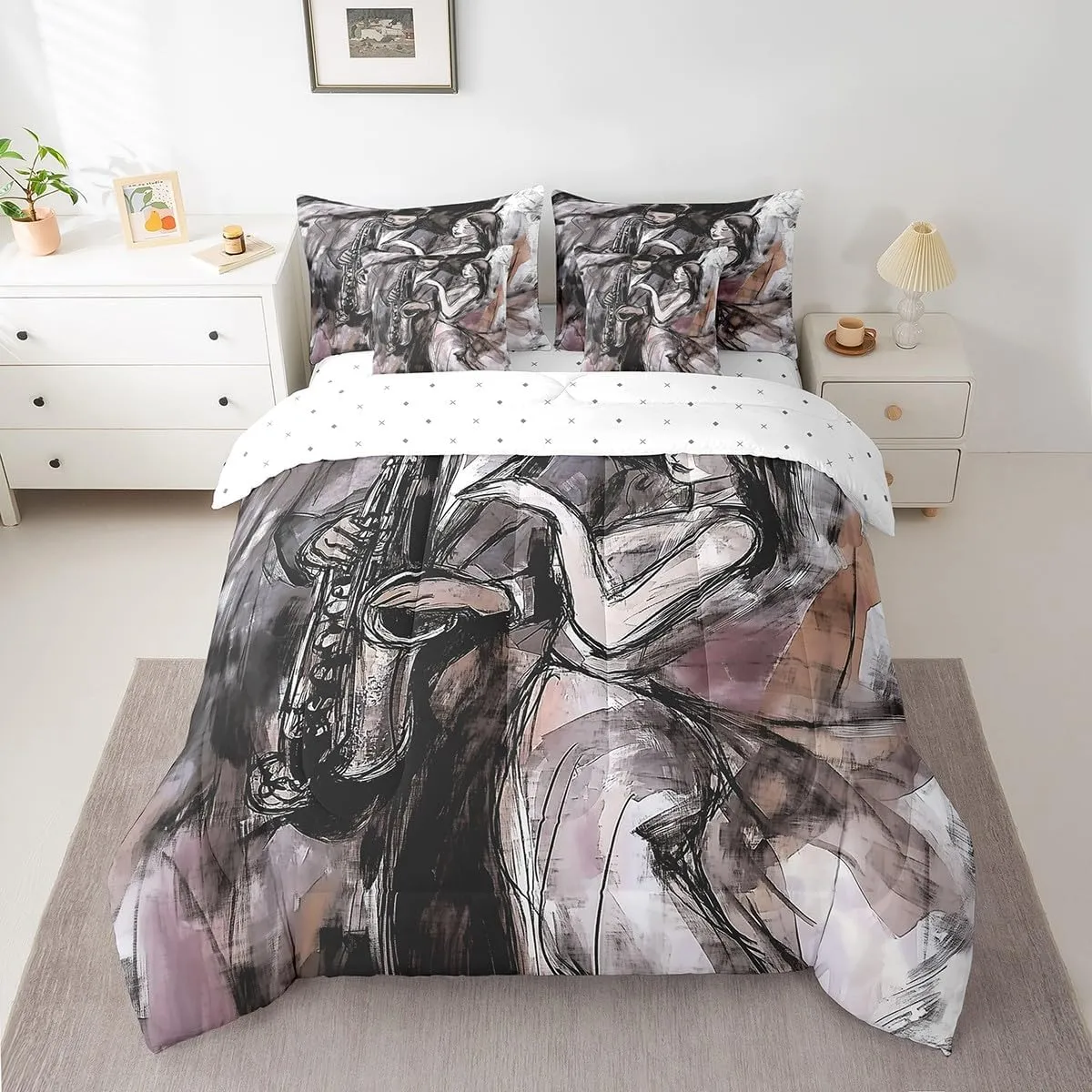 Erosebridal Saxophone Music Bed in A Bag Woman Men Musical Motes Queen Comforter 7 Pieces for Adults Home Hand Drawn Oil Painting Bedding Set,Modern Aesthetic Sheet Set with Comforter,Black Purple