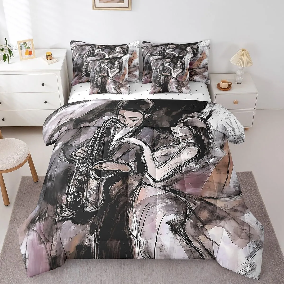 Erosebridal Saxophone Music Bed in A Bag Woman Men Musical Motes Queen Comforter 7 Pieces for Adults Home Hand Drawn Oil Painting Bedding Set,Modern Aesthetic Sheet Set with Comforter,Black Purple