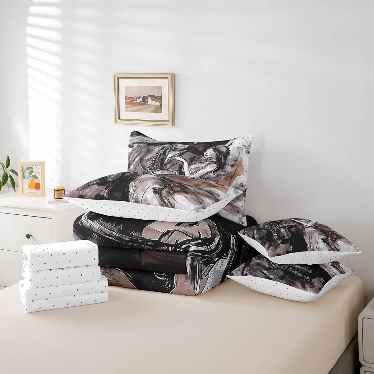 Erosebridal Saxophone Music Bed in A Bag Woman Men Musical Motes Queen Comforter 7 Pieces for Adults Home Hand Drawn Oil Painting Bedding Set,Modern Aesthetic Sheet Set with Comforter,Black Purple