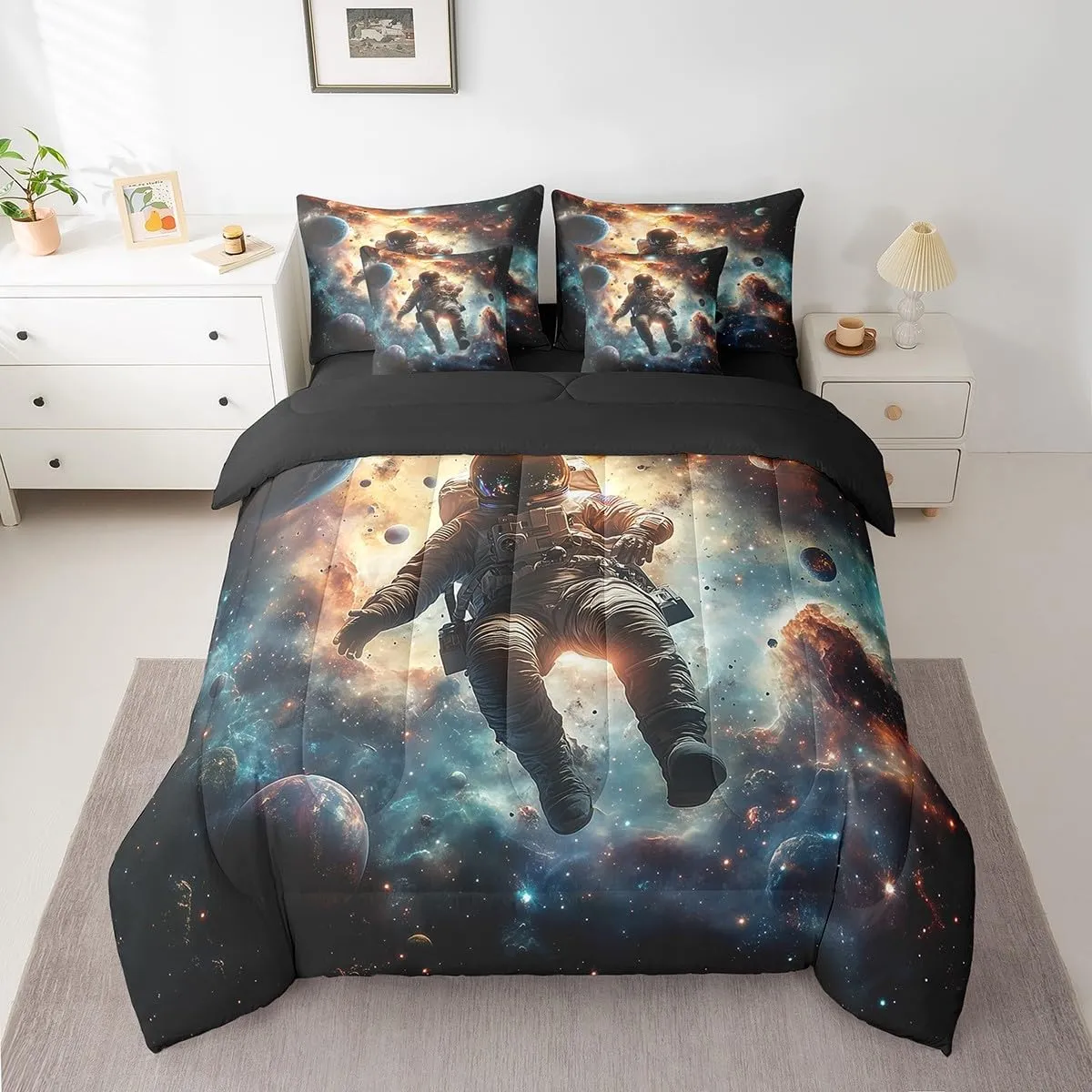 Erosebridal Space Astronaut Comforter Set 7 Pieces Kids Outer Space Bedding Set King,Universe Plant Galaxy Bed in A Bag Interstellar Starry Sky Pillow Cases for Boys Girls Teens Adults Bedroom