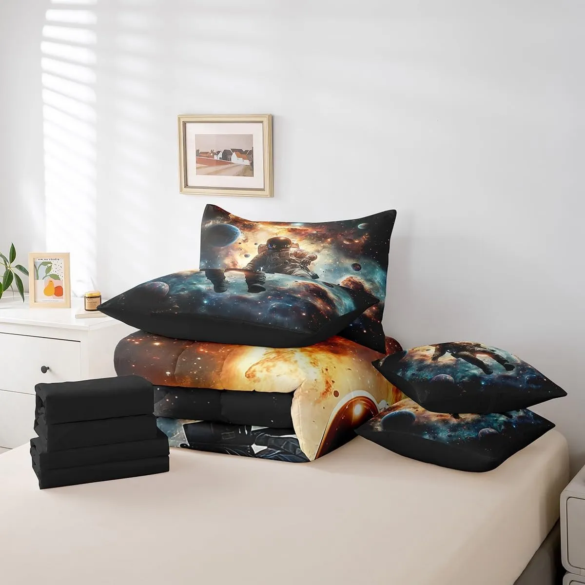 Erosebridal Space Astronaut Comforter Set 7 Pieces Kids Outer Space Bedding Set King,Universe Plant Galaxy Bed in A Bag Interstellar Starry Sky Pillow Cases for Boys Girls Teens Adults Bedroom