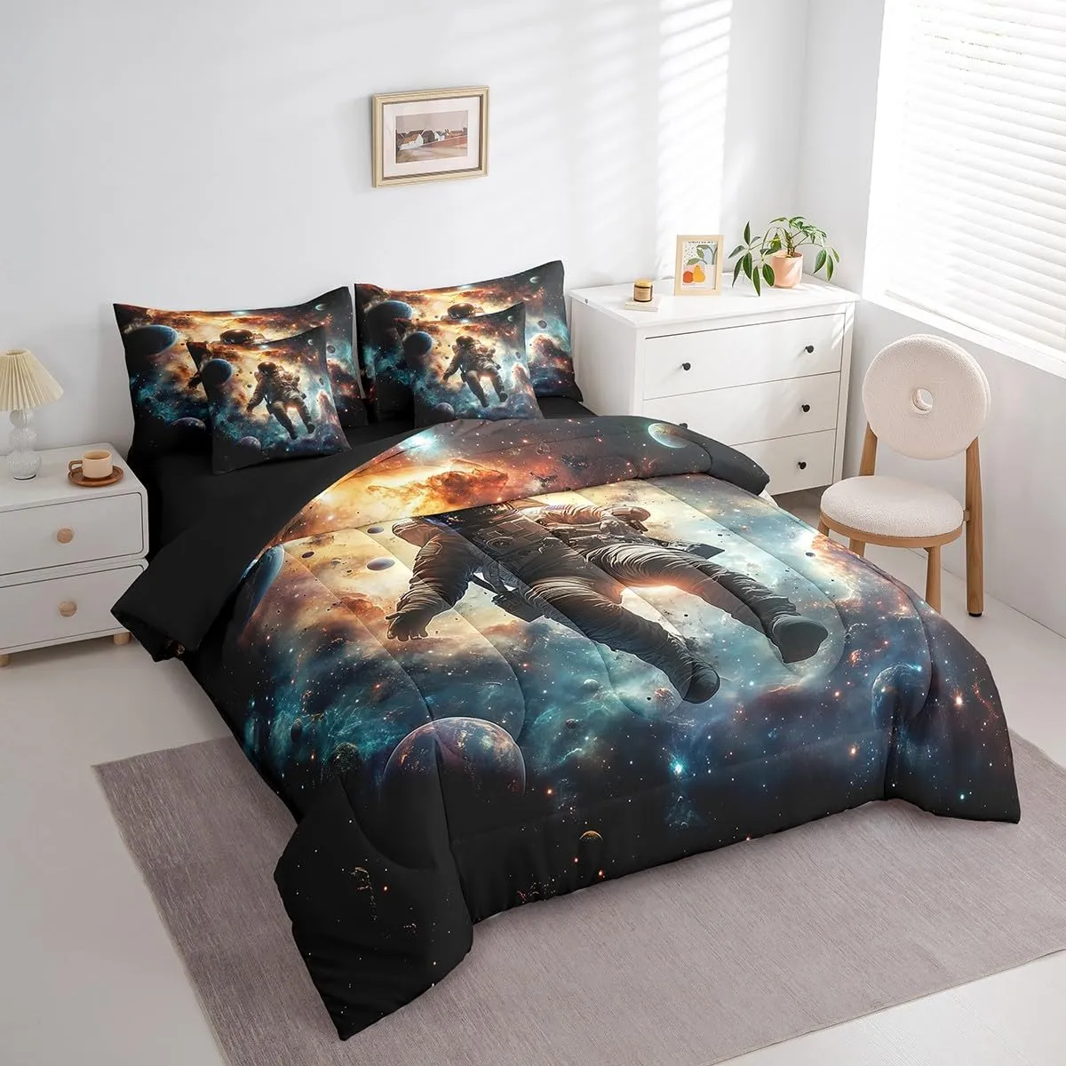 Erosebridal Space Astronaut Comforter Set 7 Pieces Kids Outer Space Bedding Set King,Universe Plant Galaxy Bed in A Bag Interstellar Starry Sky Pillow Cases for Boys Girls Teens Adults Bedroom