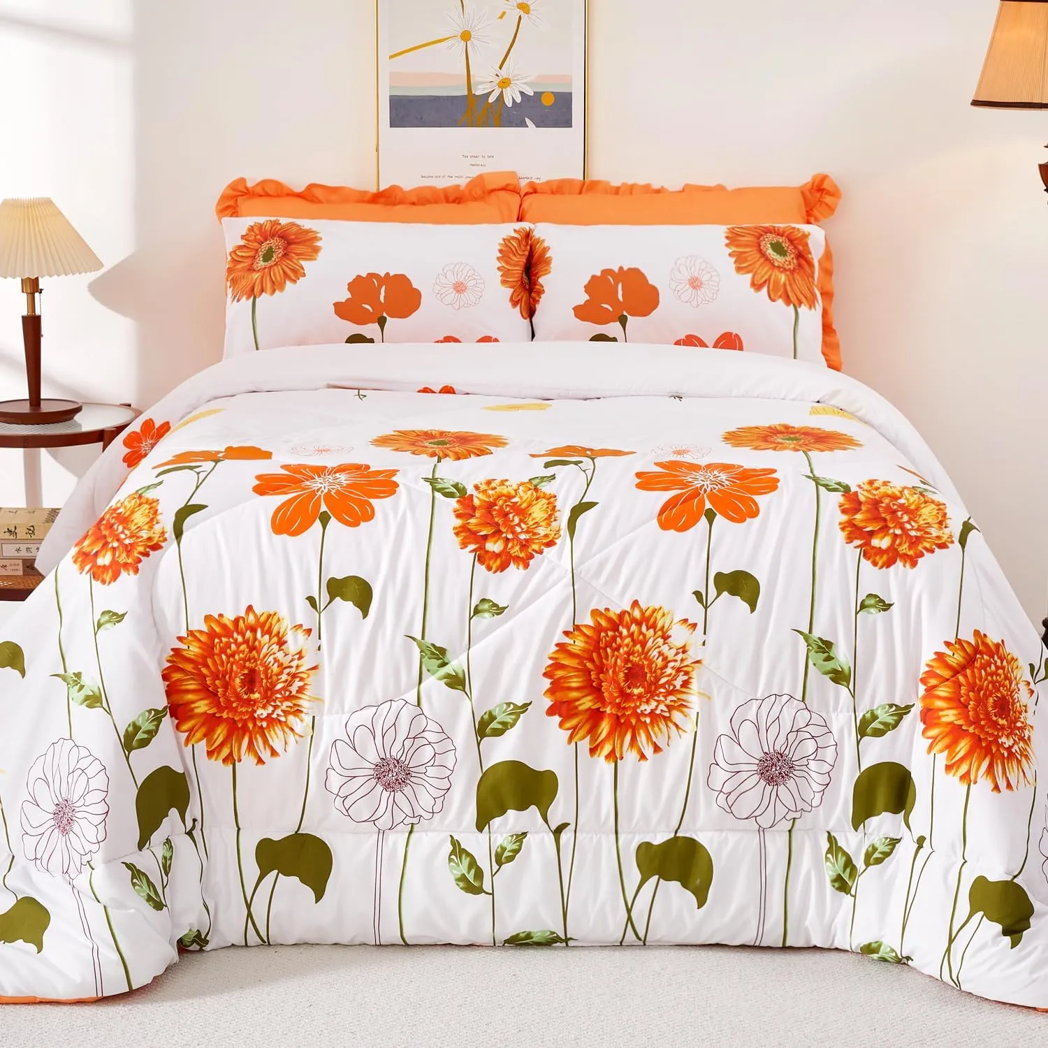 EVENHUG Twin Comforter Set 5 Pieces Reversible Twin Size Comforters for All Season Orange Sunflower Floral Bedding Sets Bed in a Bag with Flat Sheet and Fitted Sheet,Pillowcases & Shams