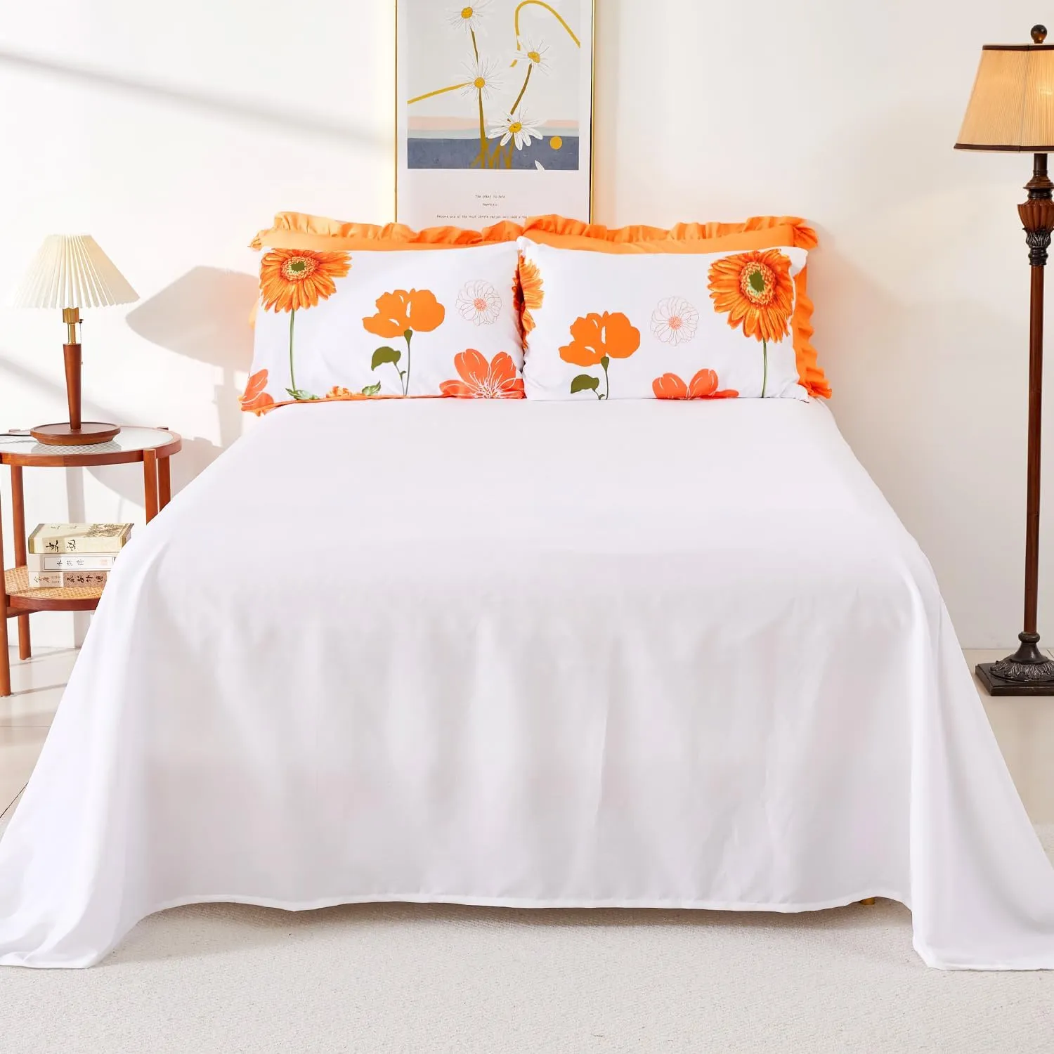 EVENHUG Twin Comforter Set 5 Pieces Reversible Twin Size Comforters for All Season Orange Sunflower Floral Bedding Sets Bed in a Bag with Flat Sheet and Fitted Sheet,Pillowcases & Shams