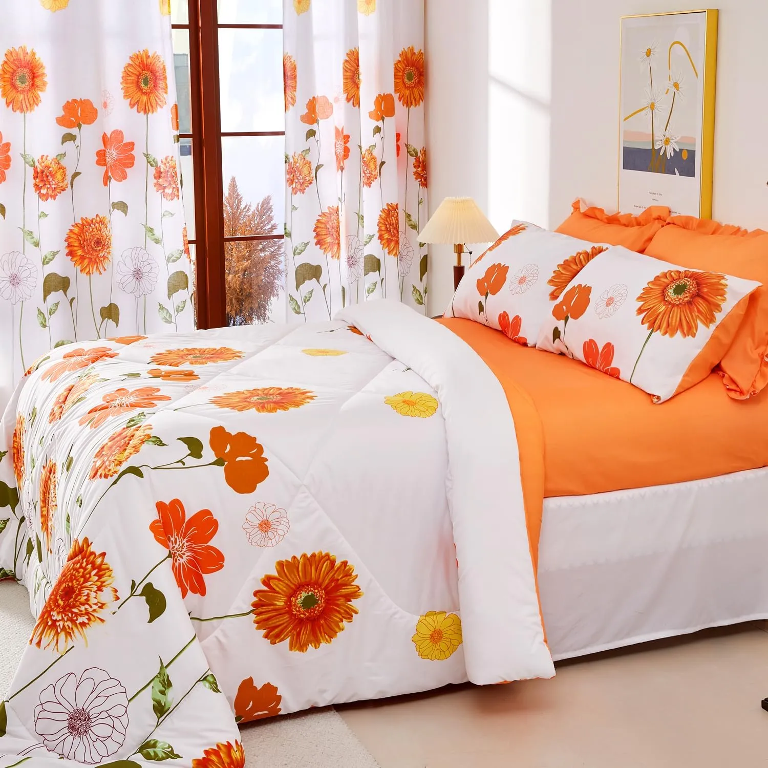 EVENHUG Twin Comforter Set 5 Pieces Reversible Twin Size Comforters for All Season Orange Sunflower Floral Bedding Sets Bed in a Bag with Flat Sheet and Fitted Sheet,Pillowcases & Shams