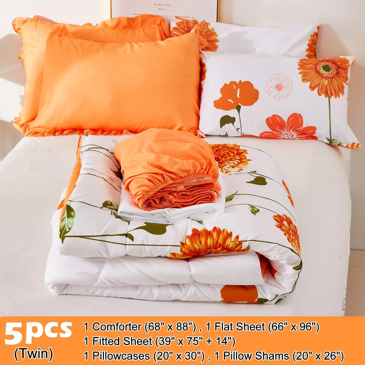 EVENHUG Twin Comforter Set 5 Pieces Reversible Twin Size Comforters for All Season Orange Sunflower Floral Bedding Sets Bed in a Bag with Flat Sheet and Fitted Sheet,Pillowcases & Shams