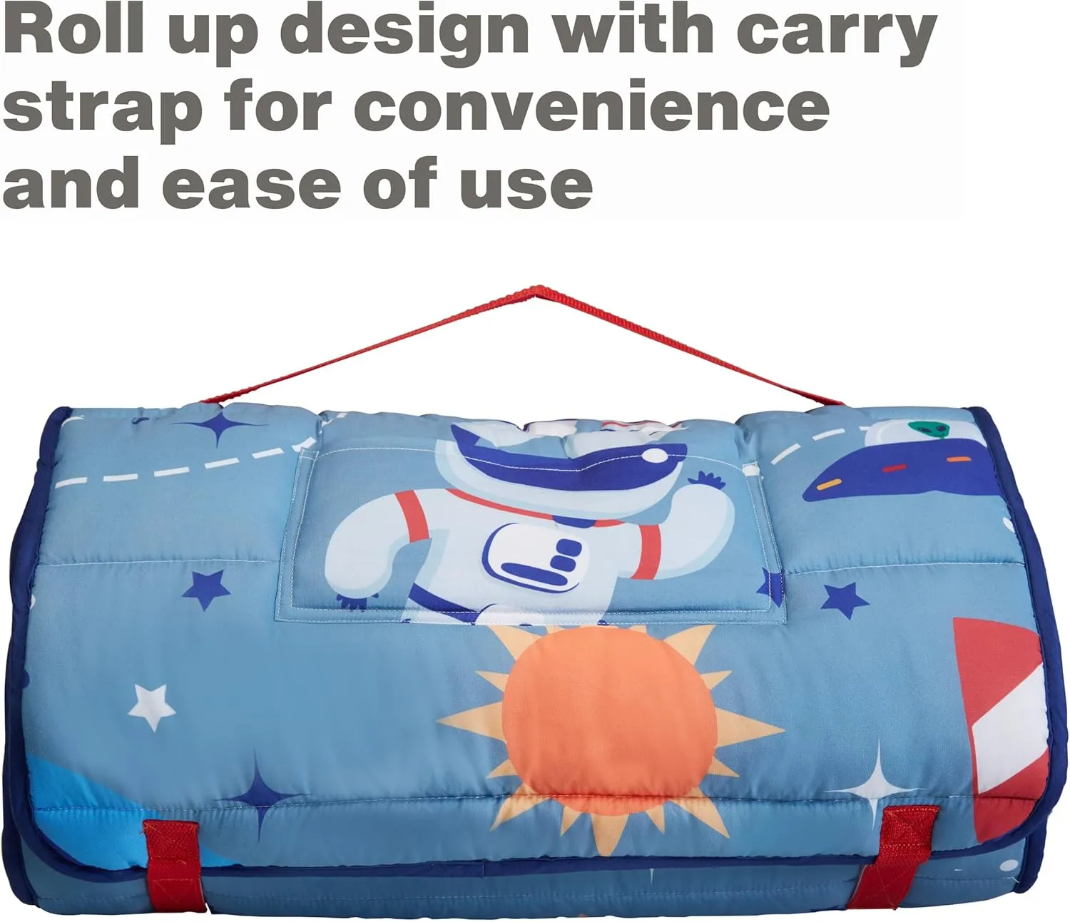 EVERYDAY KIDS Nap Mat w/Removable Pillow -Outer Space Adventures- Carry Handle with Straps Closure, Rollup Design, Soft Microfiber for Preschool, Daycare, Travel Sleeping Bag - Ages 3-6 Years