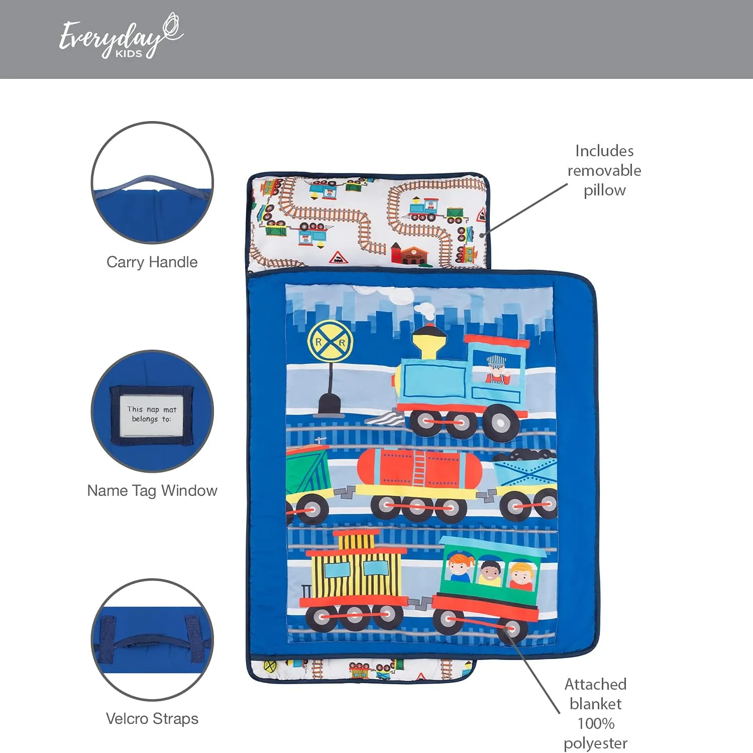 EVERYDAY KIDS Toddler Nap Mat with Removable Pillow -Choo Choo Train- Carry Handle with Fastening Straps Closure, Rollup Design, Soft Microfiber for Preschool, Daycare, Sleeping Bag - Ages 2-6 Years