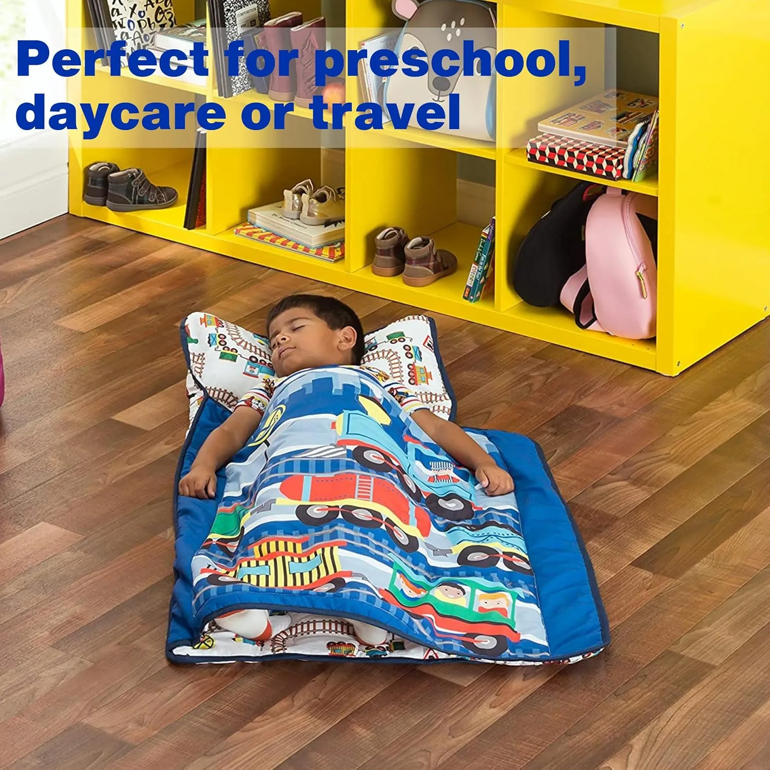 EVERYDAY KIDS Toddler Nap Mat with Removable Pillow -Choo Choo Train- Carry Handle with Fastening Straps Closure, Rollup Design, Soft Microfiber for Preschool, Daycare, Sleeping Bag - Ages 2-6 Years