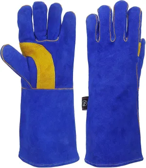 Extreme Heat & Fire Resistant Gloves Leather with Kevlar Stitching,Mitts Perfect for Fireplace, Stove, Oven, Grill, Welding, BBQ, Mig, Pot Holder, Animal Handling 1Pair (14in-blueyellow)