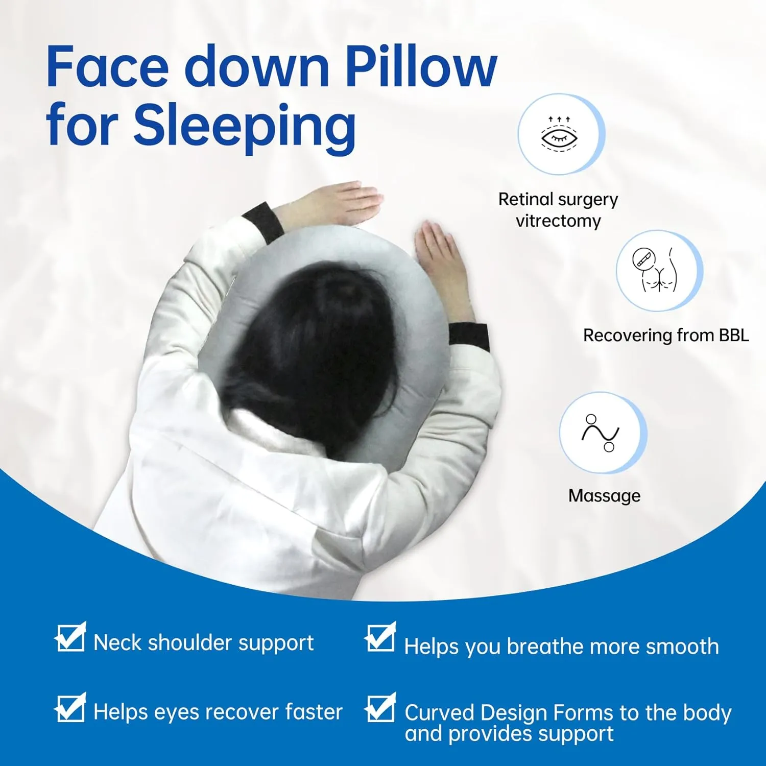Face Down Pillow After Eye Surgery - BBL Pillow After Surgery for Sleeping - Prone Face Down Massage Pillow Headrest for Bed - Retinal Vitrectomy Recovery Equipment, Grey