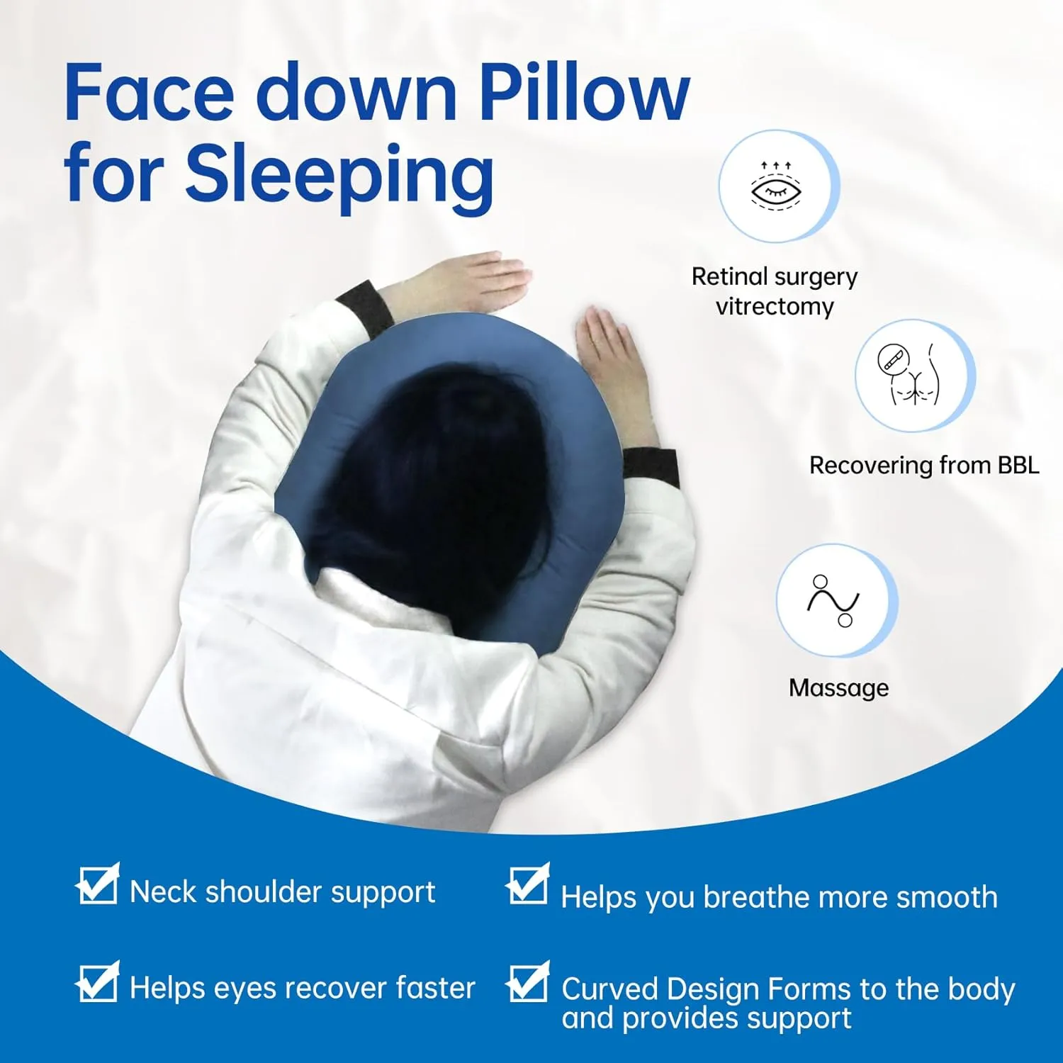 Face Down Pillow After Eye Surgery - BBL Pillow After Surgery for Sleeping - Prone Face Down Massage Pillow Headrest for Bed - Vitrectomy Recovery Equipment, Blue