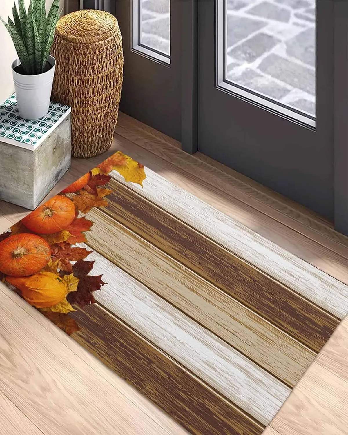 Fall Thanksgiving Front Door Mat Outside Entrance, Maple Leaf Pumpkin Outdoor Indoor Door Mats for Entryway, Low Profile Brown Wood Grain Funny Welcome Mat - Easy Clean Entry Doormats 24x36 Inch