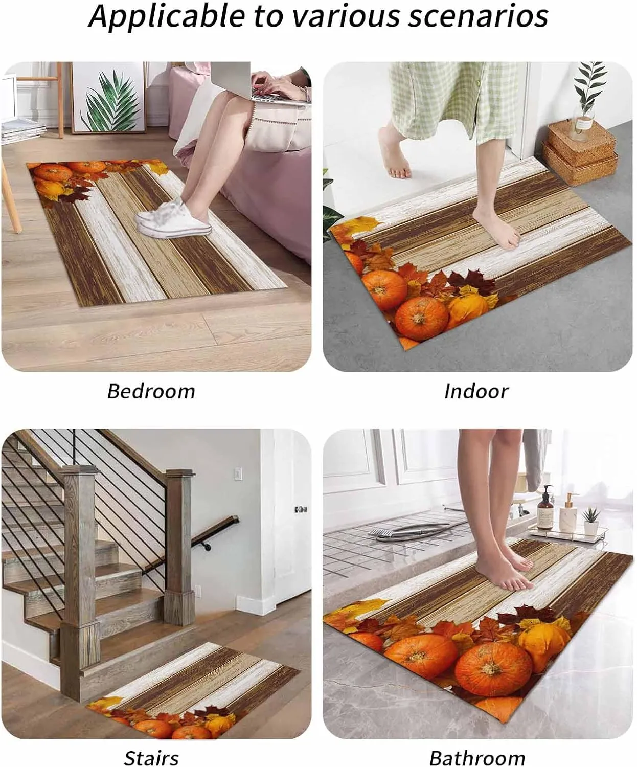 Fall Thanksgiving Front Door Mat Outside Entrance, Maple Leaf Pumpkin Outdoor Indoor Door Mats for Entryway, Low Profile Brown Wood Grain Funny Welcome Mat - Easy Clean Entry Doormats 24x36 Inch