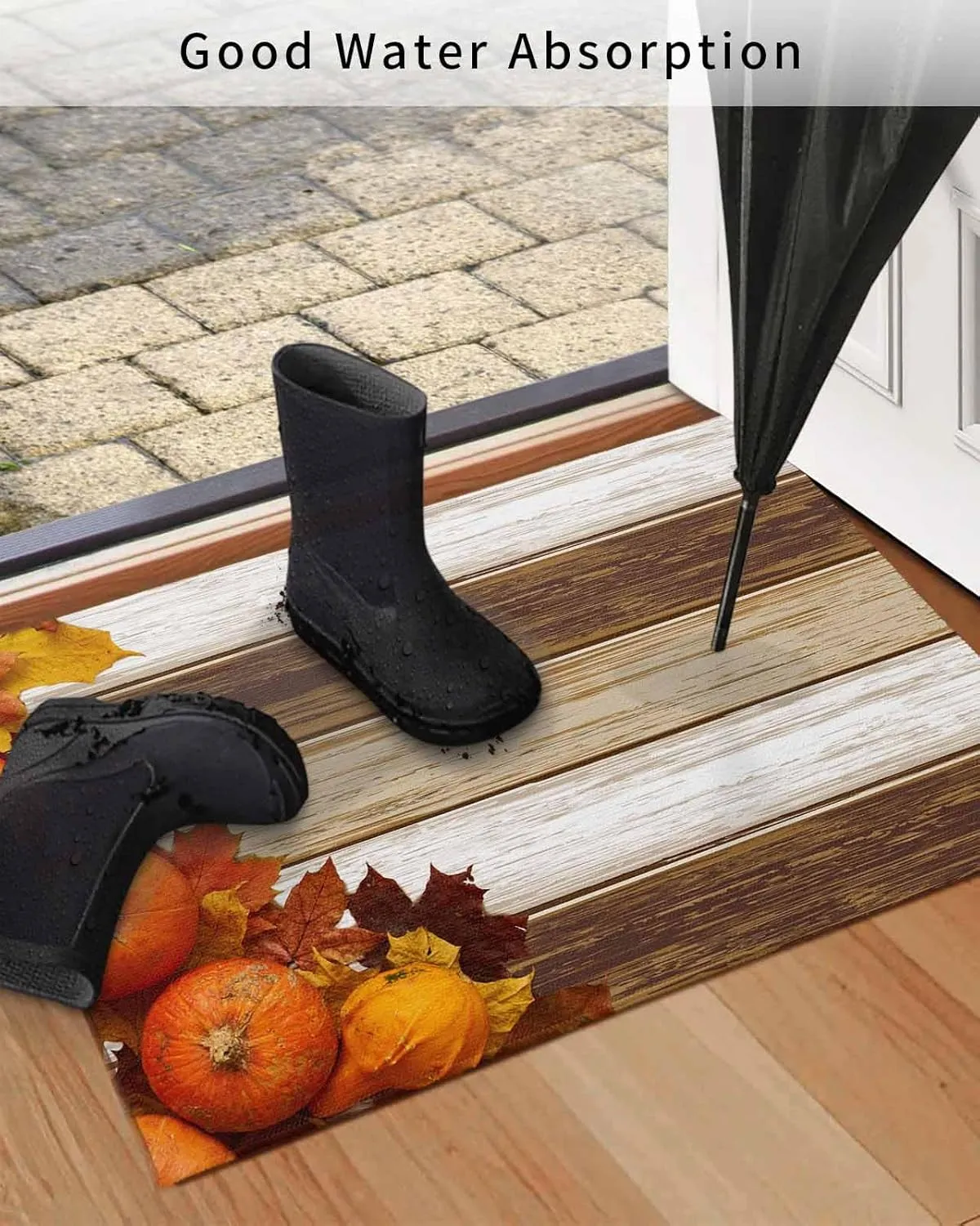 Fall Thanksgiving Front Door Mat Outside Entrance, Maple Leaf Pumpkin Outdoor Indoor Door Mats for Entryway, Low Profile Brown Wood Grain Funny Welcome Mat - Easy Clean Entry Doormats 24x36 Inch
