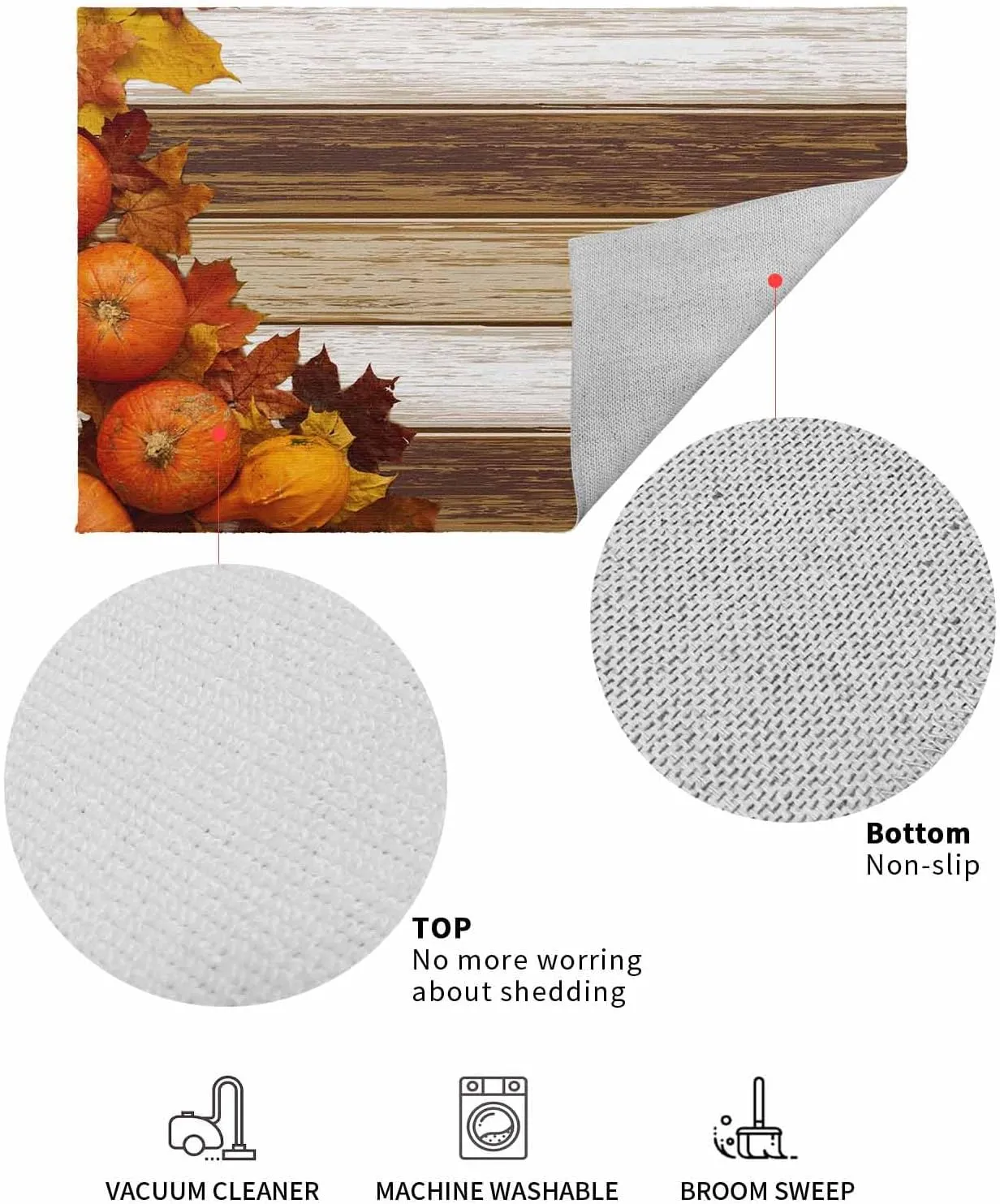Fall Thanksgiving Front Door Mat Outside Entrance, Maple Leaf Pumpkin Outdoor Indoor Door Mats for Entryway, Low Profile Brown Wood Grain Funny Welcome Mat - Easy Clean Entry Doormats 24x36 Inch