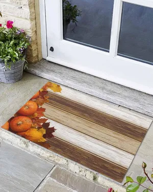Fall Thanksgiving Front Door Mat Outside Entrance, Maple Leaf Pumpkin Outdoor Indoor Door Mats for Entryway, Low Profile Brown Wood Grain Funny Welcome Mat - Easy Clean Entry Doormats 24x36 Inch