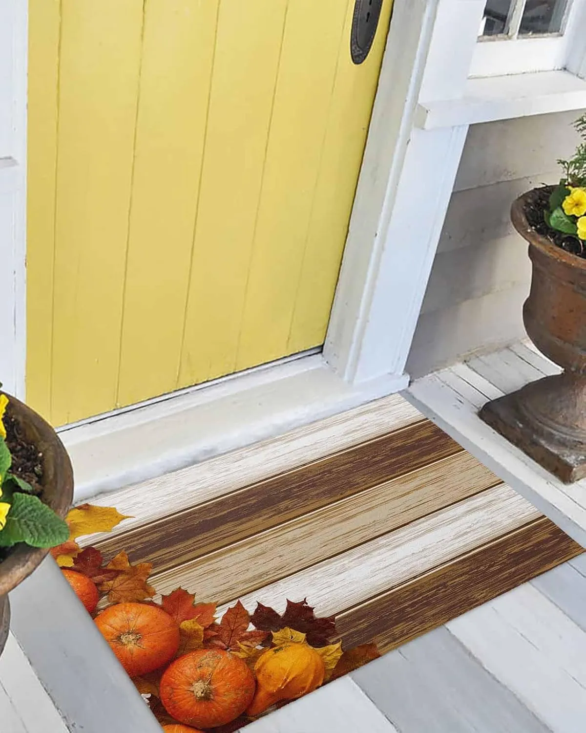 Fall Thanksgiving Front Door Mat Outside Entrance, Maple Leaf Pumpkin Outdoor Indoor Door Mats for Entryway, Low Profile Brown Wood Grain Funny Welcome Mat - Easy Clean Entry Doormats 24x36 Inch