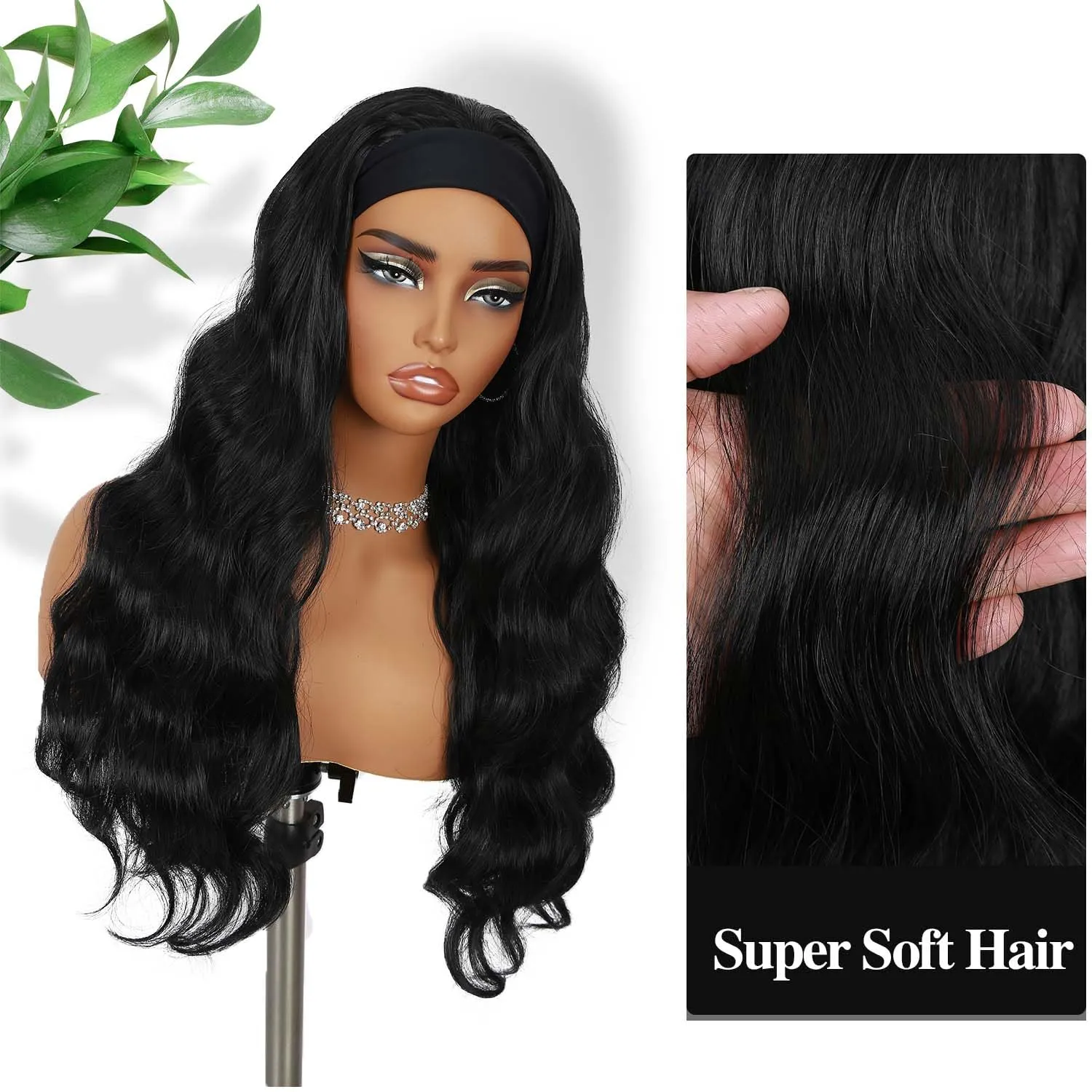 Fancy Hair Black Long Wavy Headband Wig Wear and Go Synthetic Long Curly Hair Wig for Women
