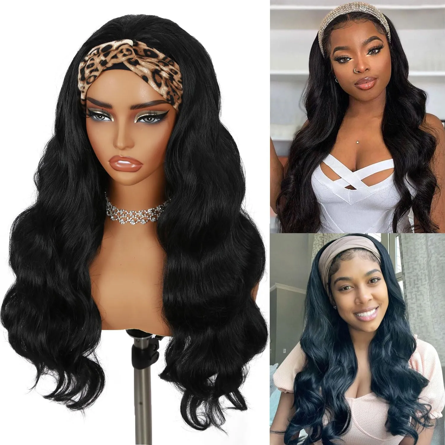 Fancy Hair Black Long Wavy Headband Wig Wear and Go Synthetic Long Curly Hair Wig for Women