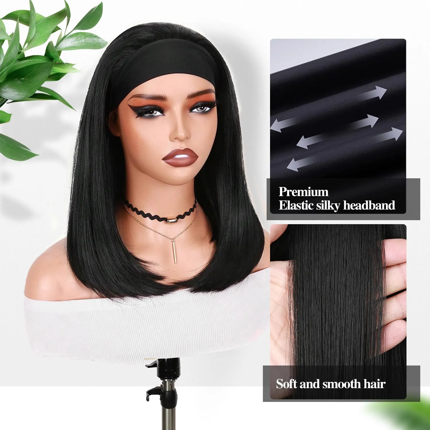 Fancy Hair Short Straight Headband Wigs Wear and Go Short Bob Wig Synthetic Shoulder Length Black Straight Headband Wig for Black Women 14 inches