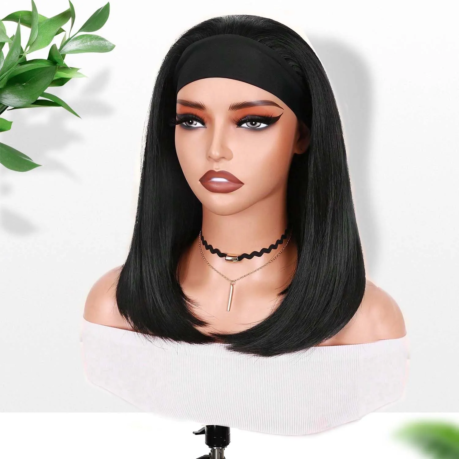 Fancy Hair Short Straight Headband Wigs Wear and Go Short Bob Wig Synthetic Shoulder Length Black Straight Headband Wig for Black Women 14 inches