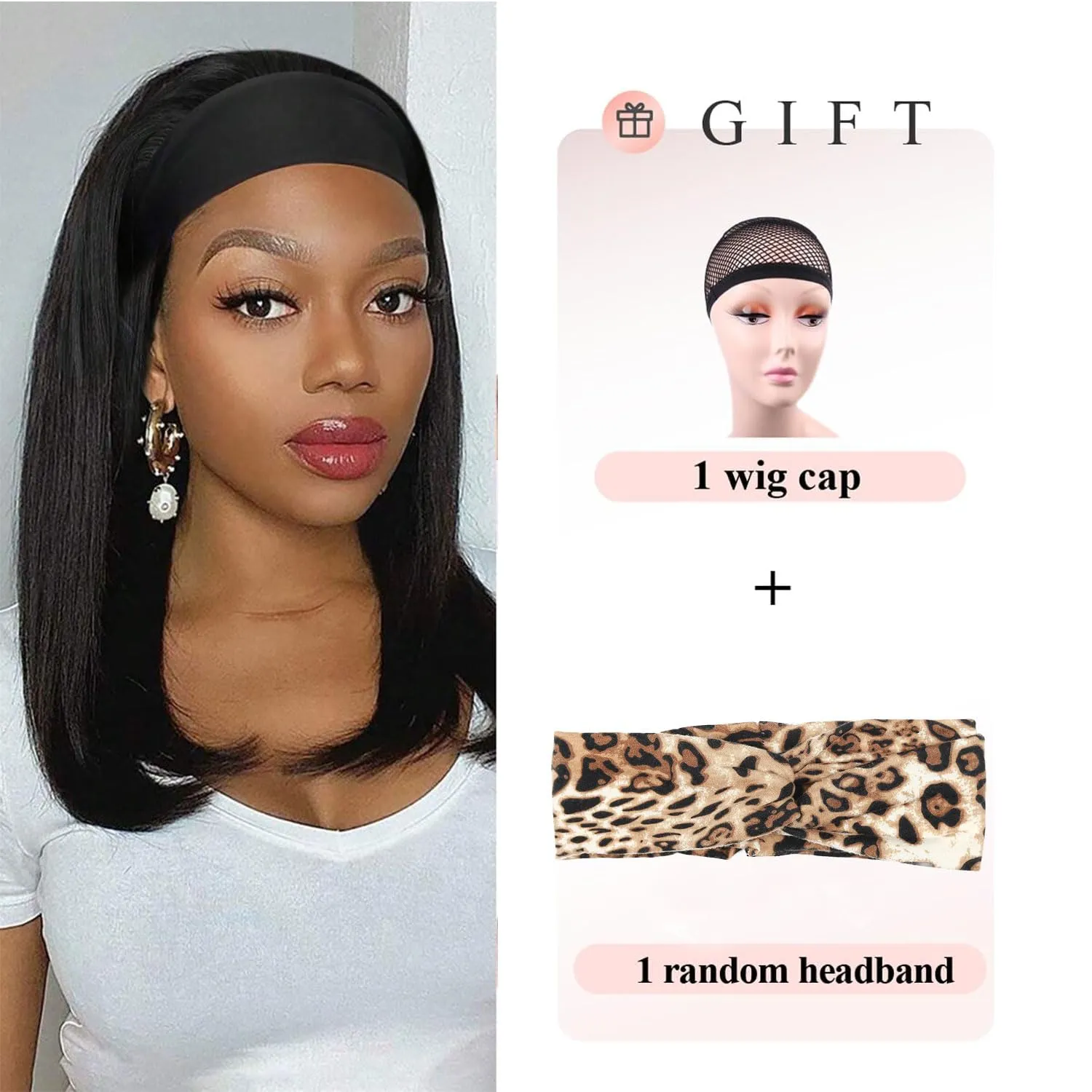 Fancy Hair Short Straight Headband Wigs Wear and Go Short Bob Wig Synthetic Shoulder Length Black Straight Headband Wig for Black Women 14 inches