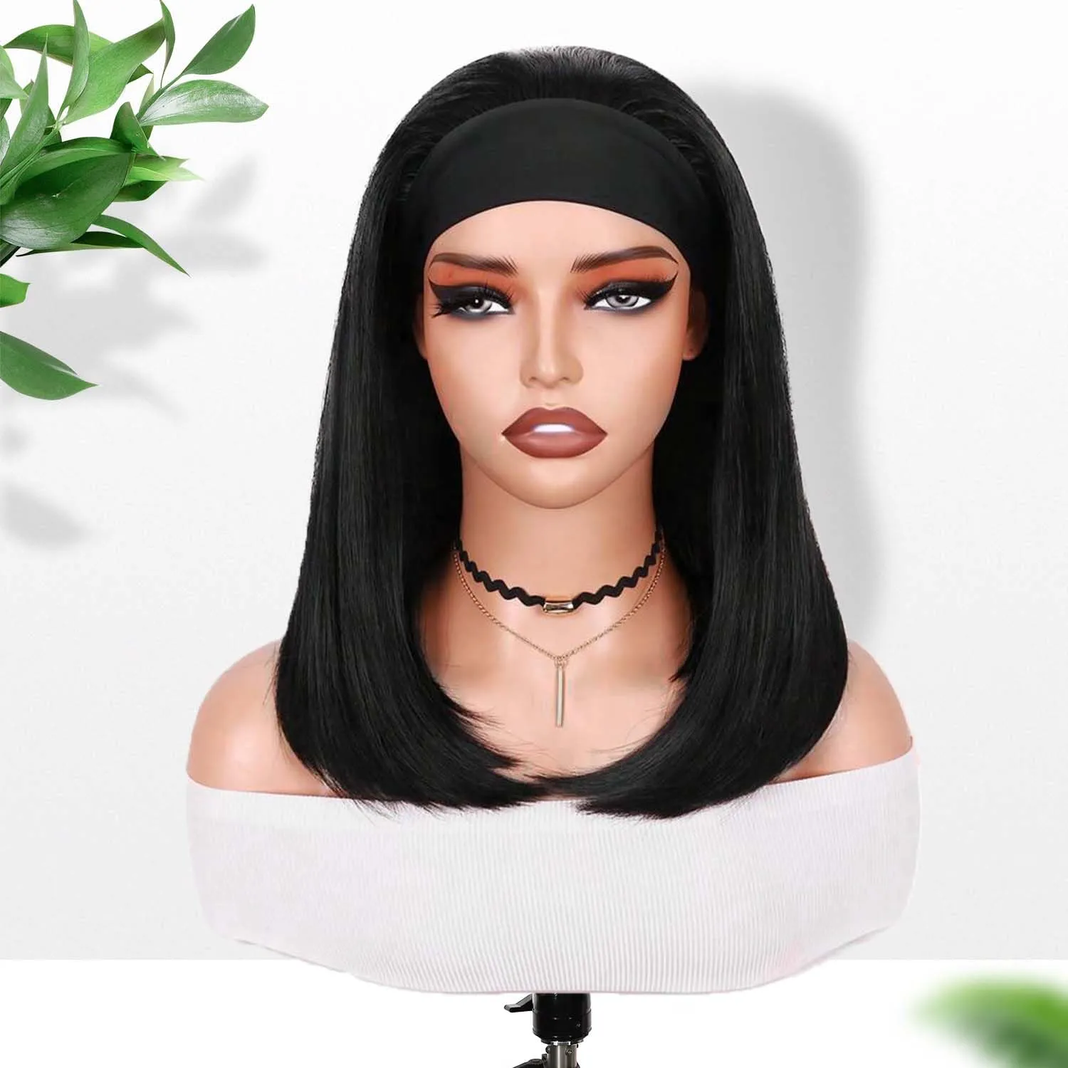 Fancy Hair Short Straight Headband Wigs Wear and Go Short Bob Wig Synthetic Shoulder Length Black Straight Headband Wig for Black Women 14 inches