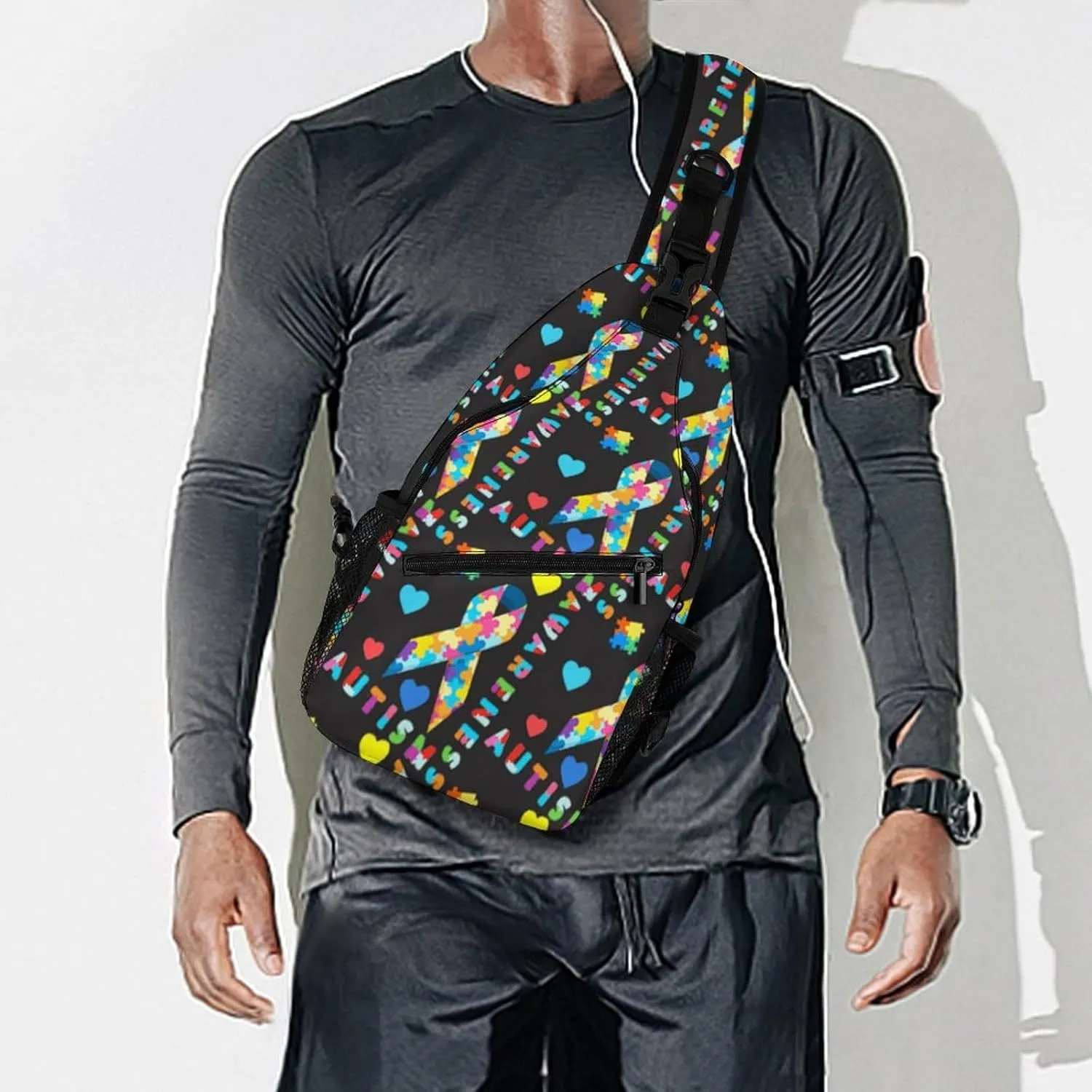Fashion Sling Shoulder Backpack, Rope Bag, for Colorful Puzzle Autism Awareness Black Chest Sling Shoulder Backpacks Bags, Tool Backpak, Gym Bags Sack Daypack Outdoor Backpack for Men Women
