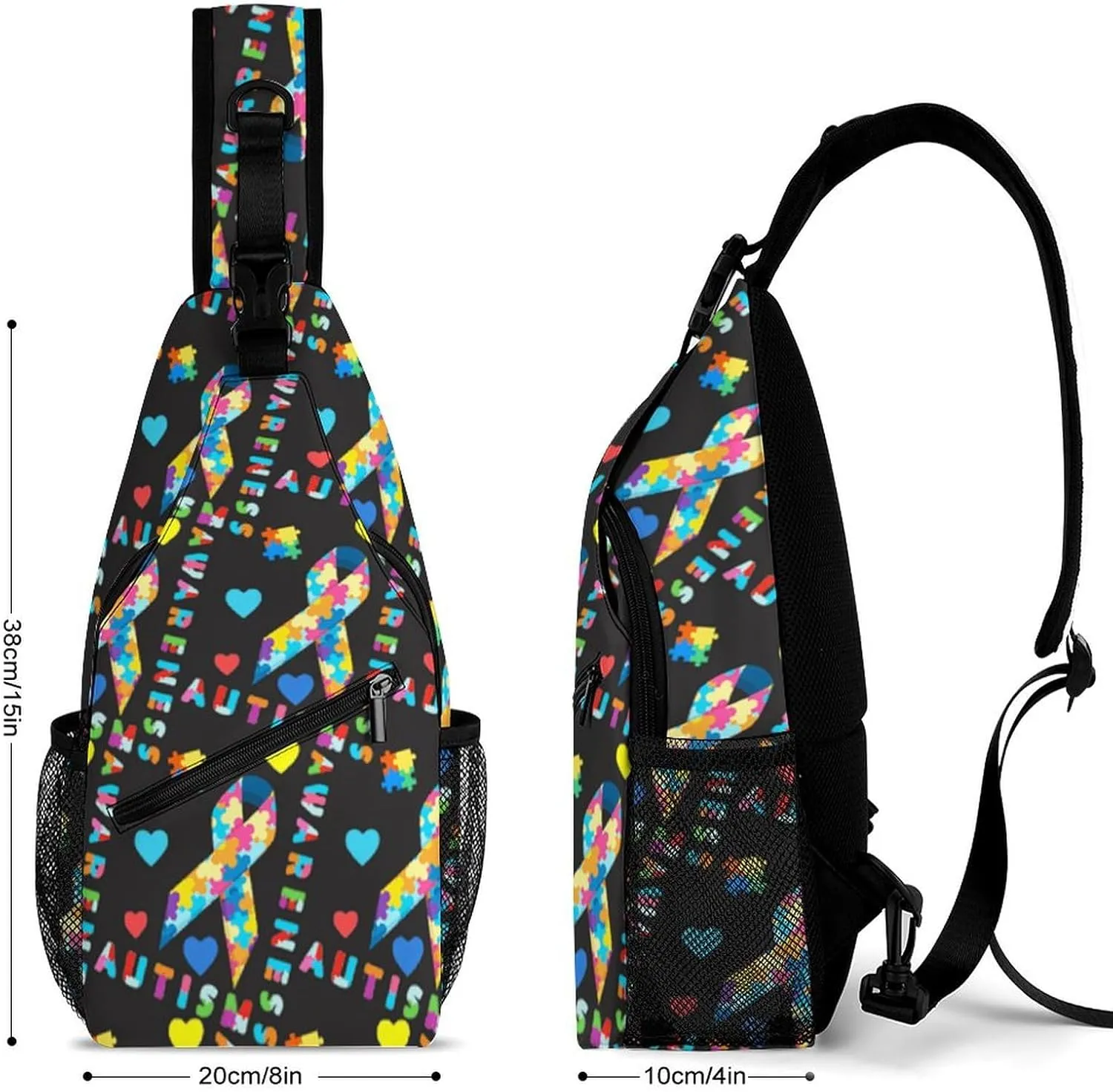 Fashion Sling Shoulder Backpack, Rope Bag, for Colorful Puzzle Autism Awareness Black Chest Sling Shoulder Backpacks Bags, Tool Backpak, Gym Bags Sack Daypack Outdoor Backpack for Men Women
