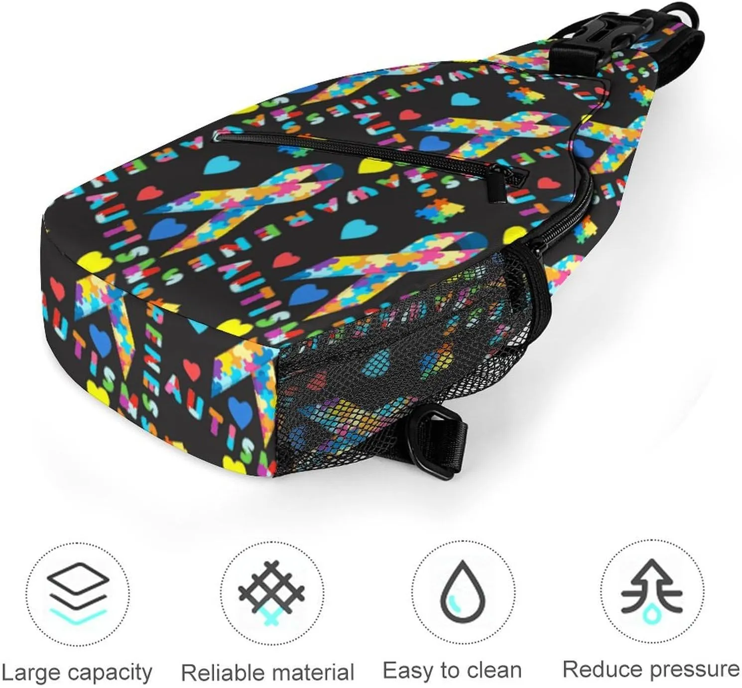 Fashion Sling Shoulder Backpack, Rope Bag, for Colorful Puzzle Autism Awareness Black Chest Sling Shoulder Backpacks Bags, Tool Backpak, Gym Bags Sack Daypack Outdoor Backpack for Men Women