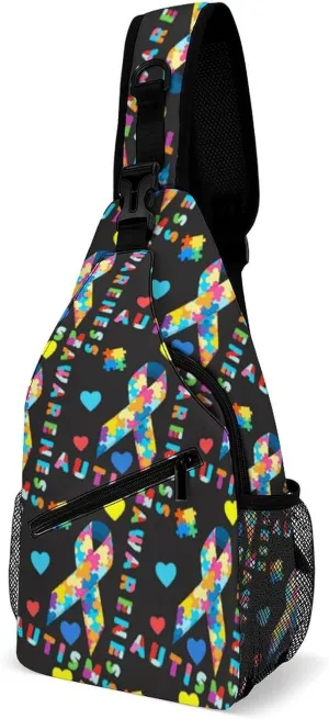 Fashion Sling Shoulder Backpack, Rope Bag, for Colorful Puzzle Autism Awareness Black Chest Sling Shoulder Backpacks Bags, Tool Backpak, Gym Bags Sack Daypack Outdoor Backpack for Men Women