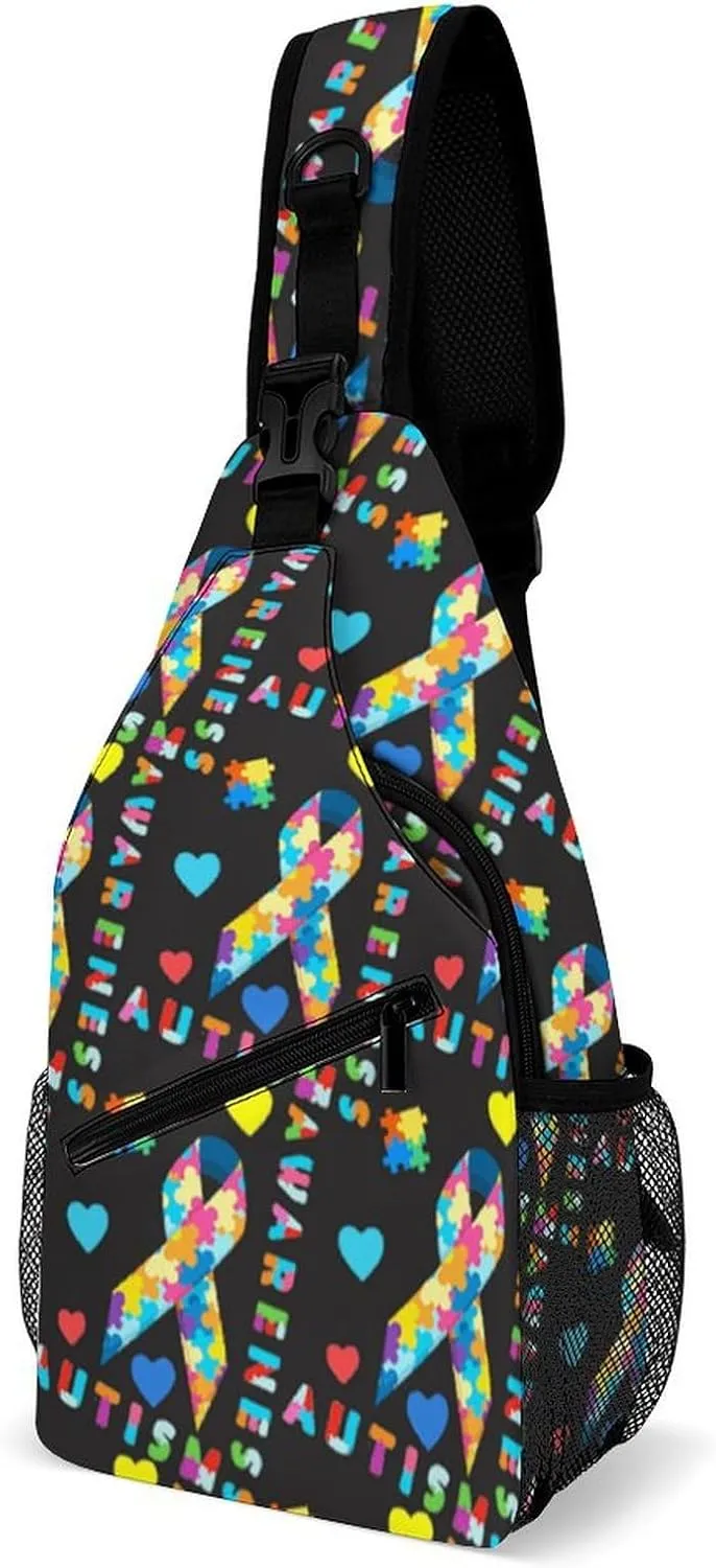 Fashion Sling Shoulder Backpack, Rope Bag, for Colorful Puzzle Autism Awareness Black Chest Sling Shoulder Backpacks Bags, Tool Backpak, Gym Bags Sack Daypack Outdoor Backpack for Men Women