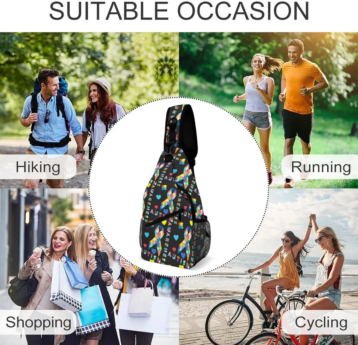 Fashion Sling Shoulder Backpack, Rope Bag, for Colorful Puzzle Autism Awareness Black Chest Sling Shoulder Backpacks Bags, Tool Backpak, Gym Bags Sack Daypack Outdoor Backpack for Men Women
