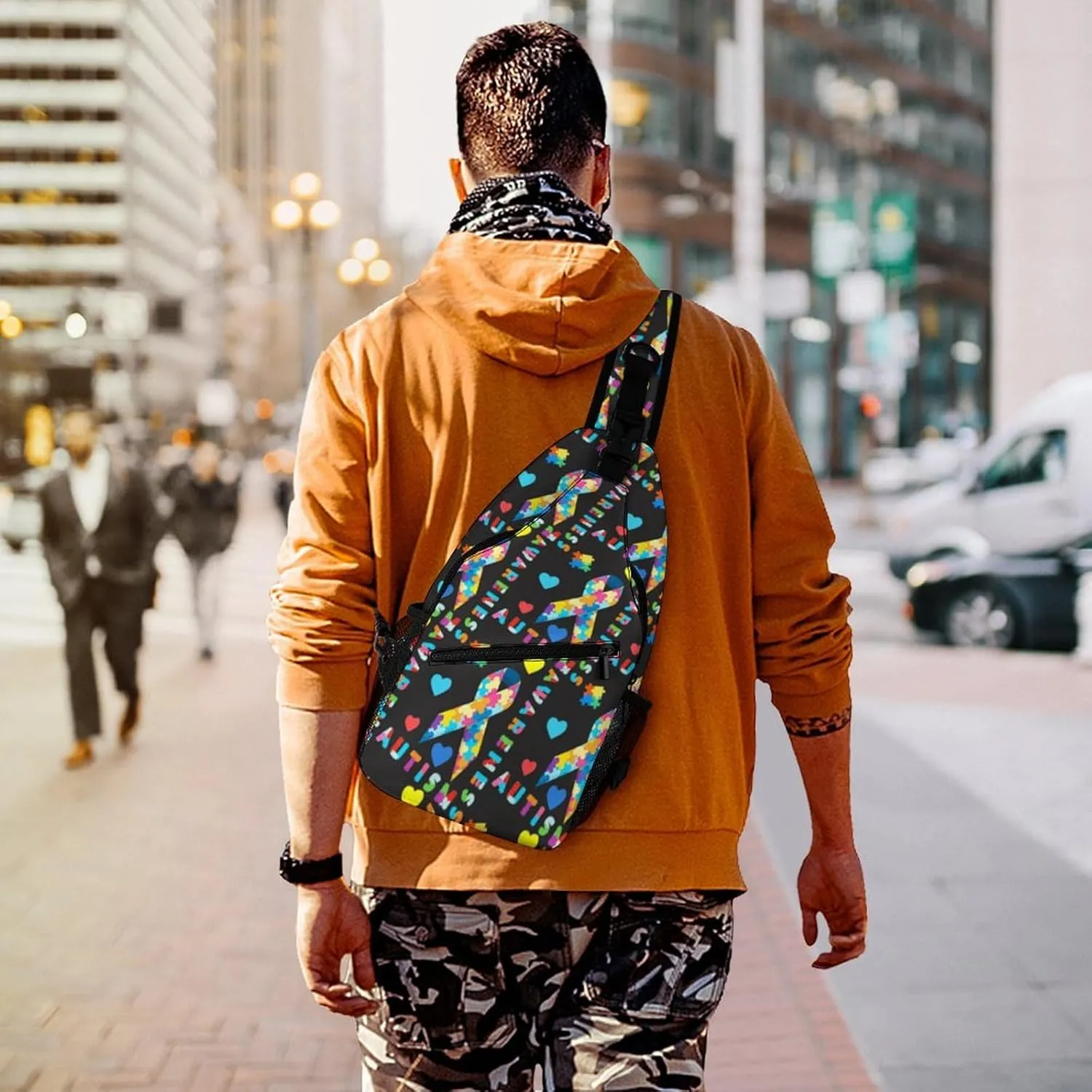 Fashion Sling Shoulder Backpack, Rope Bag, for Colorful Puzzle Autism Awareness Black Chest Sling Shoulder Backpacks Bags, Tool Backpak, Gym Bags Sack Daypack Outdoor Backpack for Men Women