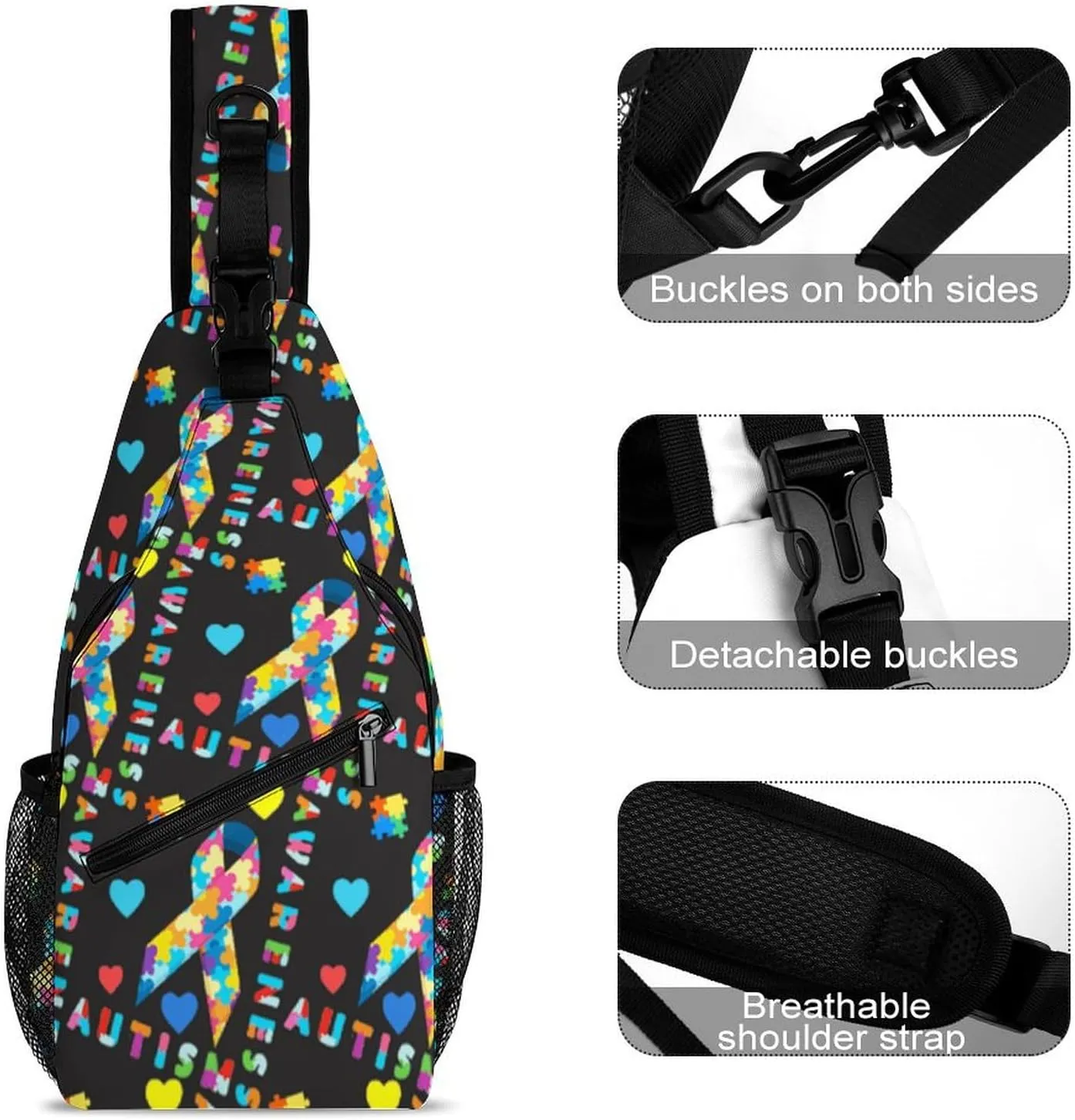 Fashion Sling Shoulder Backpack, Rope Bag, for Colorful Puzzle Autism Awareness Black Chest Sling Shoulder Backpacks Bags, Tool Backpak, Gym Bags Sack Daypack Outdoor Backpack for Men Women