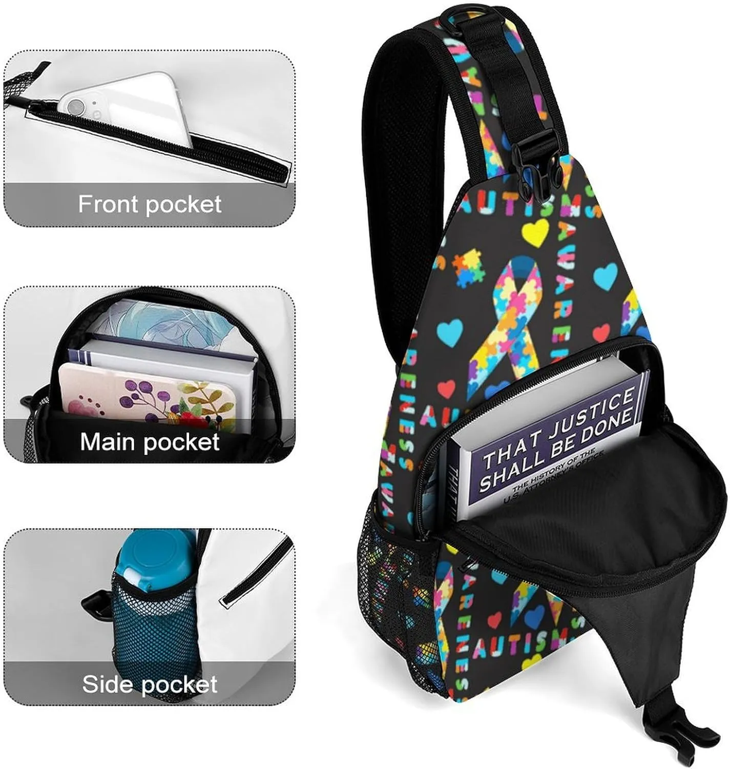 Fashion Sling Shoulder Backpack, Rope Bag, for Colorful Puzzle Autism Awareness Black Chest Sling Shoulder Backpacks Bags, Tool Backpak, Gym Bags Sack Daypack Outdoor Backpack for Men Women