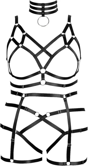 Fat Woman Body Harness Plus Size Hollow Out Strap Full Cage Bra Punk Leg Garter Belt Set Girl Rave Gothic