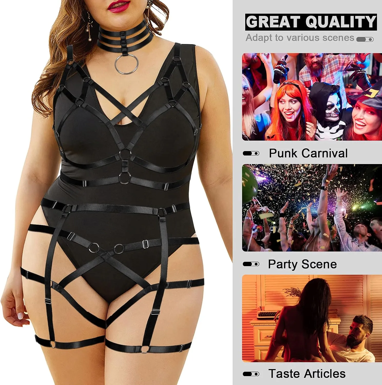Fat Woman Body Harness Plus Size Hollow Out Strap Full Cage Bra Punk Leg Garter Belt Set Girl Rave Gothic