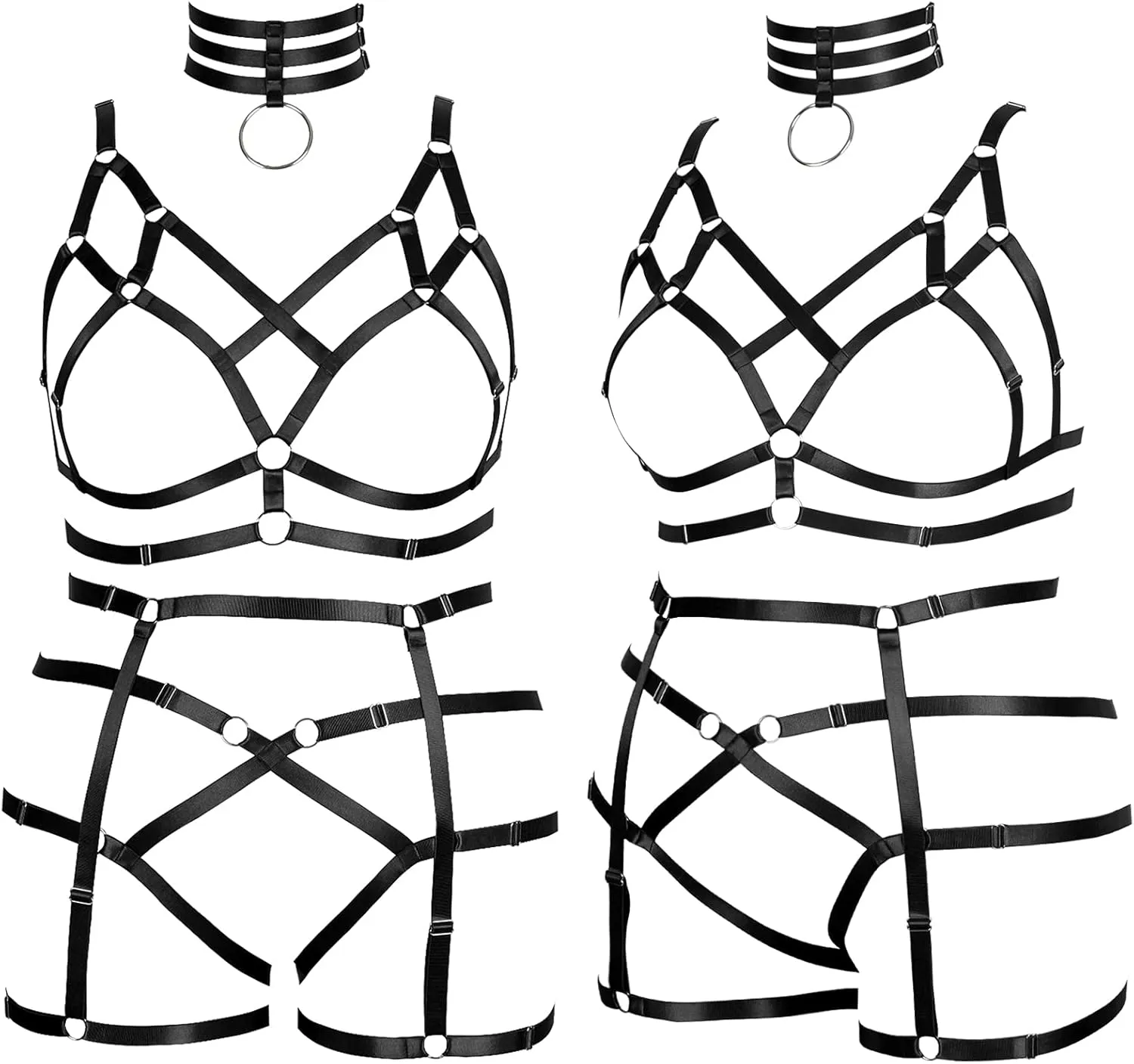 Fat Woman Body Harness Plus Size Hollow Out Strap Full Cage Bra Punk Leg Garter Belt Set Girl Rave Gothic