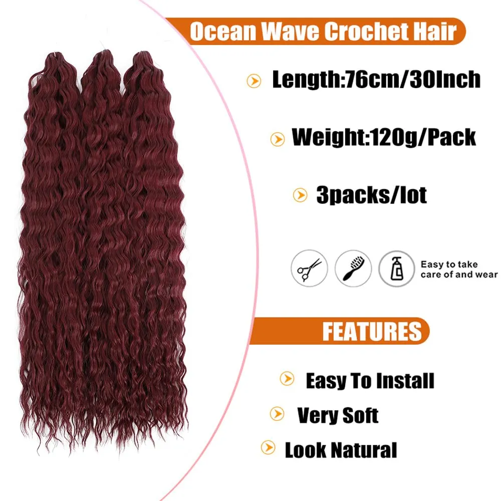 Felek 30inch Ocean Wave Crochet Braiding Hair 3 Packs Burgundy Color Deep Water Curly Synthetic Crochet Braided Hair For Black Women(Bug)