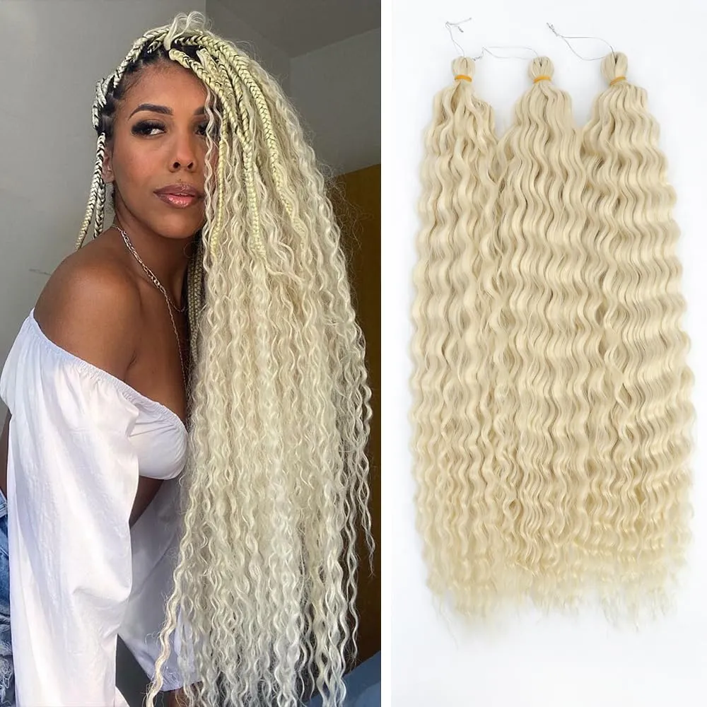 Felek Ocean Wave Crochet Braiding Hair 30inch 3 Packs Blonde Color Long Deep Water Synthetic Wavy Curly Crochet Braids Hair For Black Women (Blonde, 613)