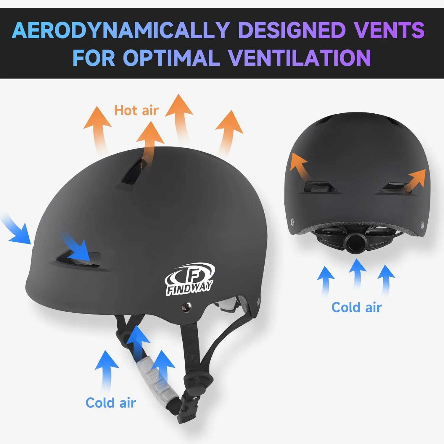 Findway Pro Skateboard Helmet [Safety Certified] Two Removable Liners Bike Helmet for Kids Youth & Adults for Skate, Scooter, Commuter, Longboard & Incline Skating Rollerblading with Adjustable Dial