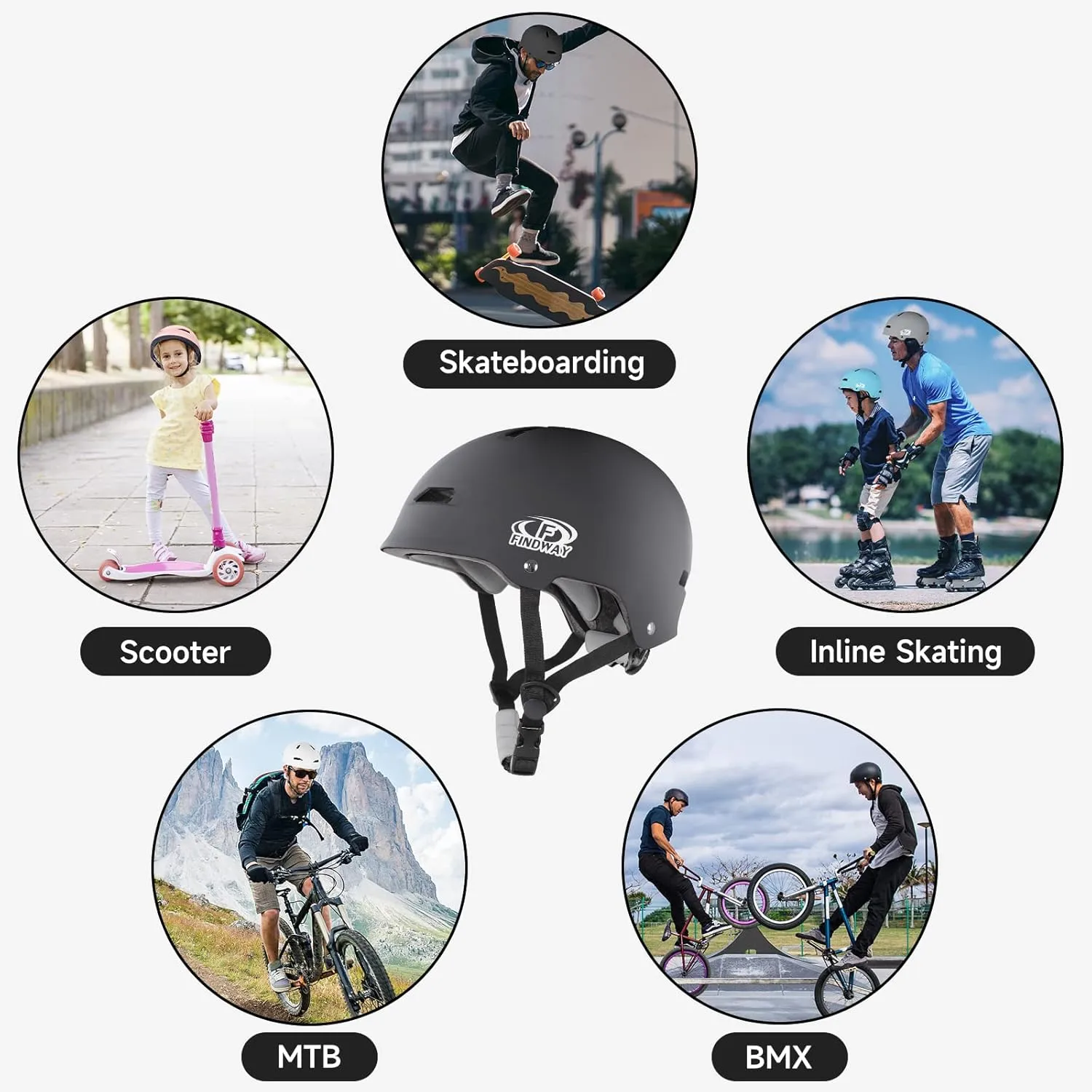 Findway Pro Skateboard Helmet [Safety Certified] Two Removable Liners Bike Helmet for Kids Youth & Adults for Skate, Scooter, Commuter, Longboard & Incline Skating Rollerblading with Adjustable Dial