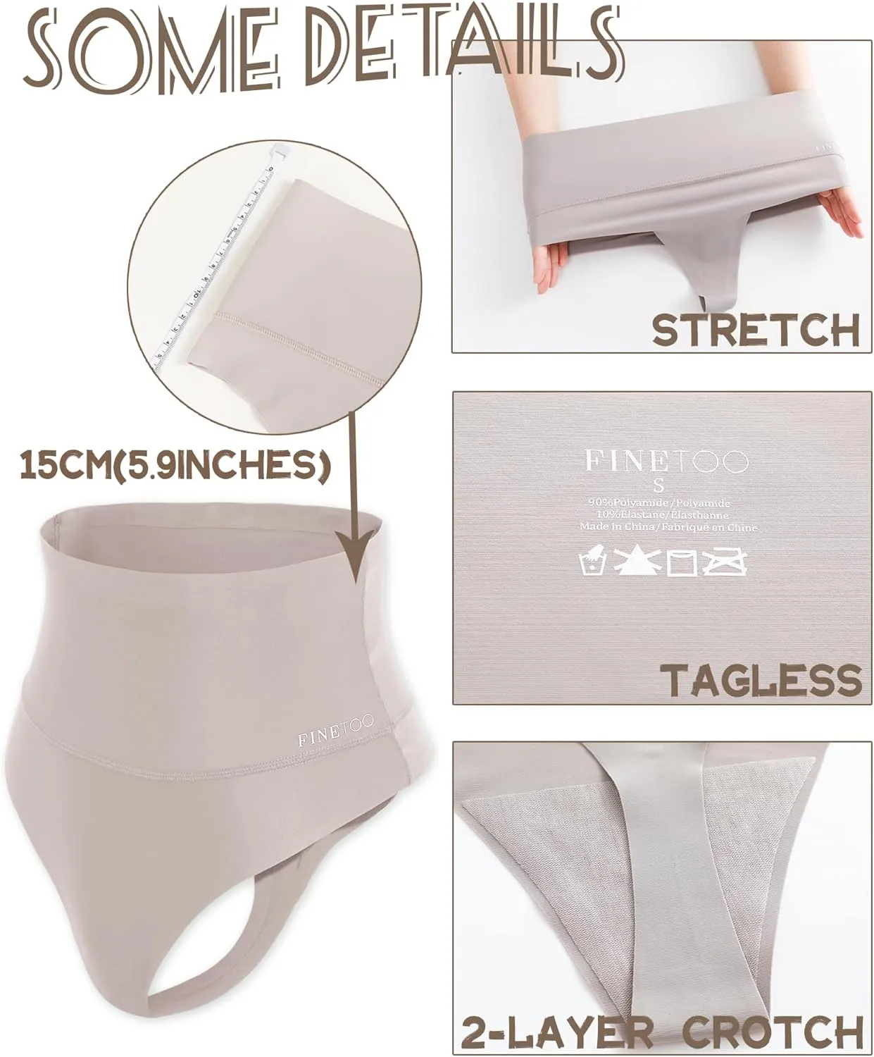 FINETOO Women Underwear High Waisted Thongs Tummy Control Seamless Thongs Shapewear No Show Panties 4 Pack S-3XL