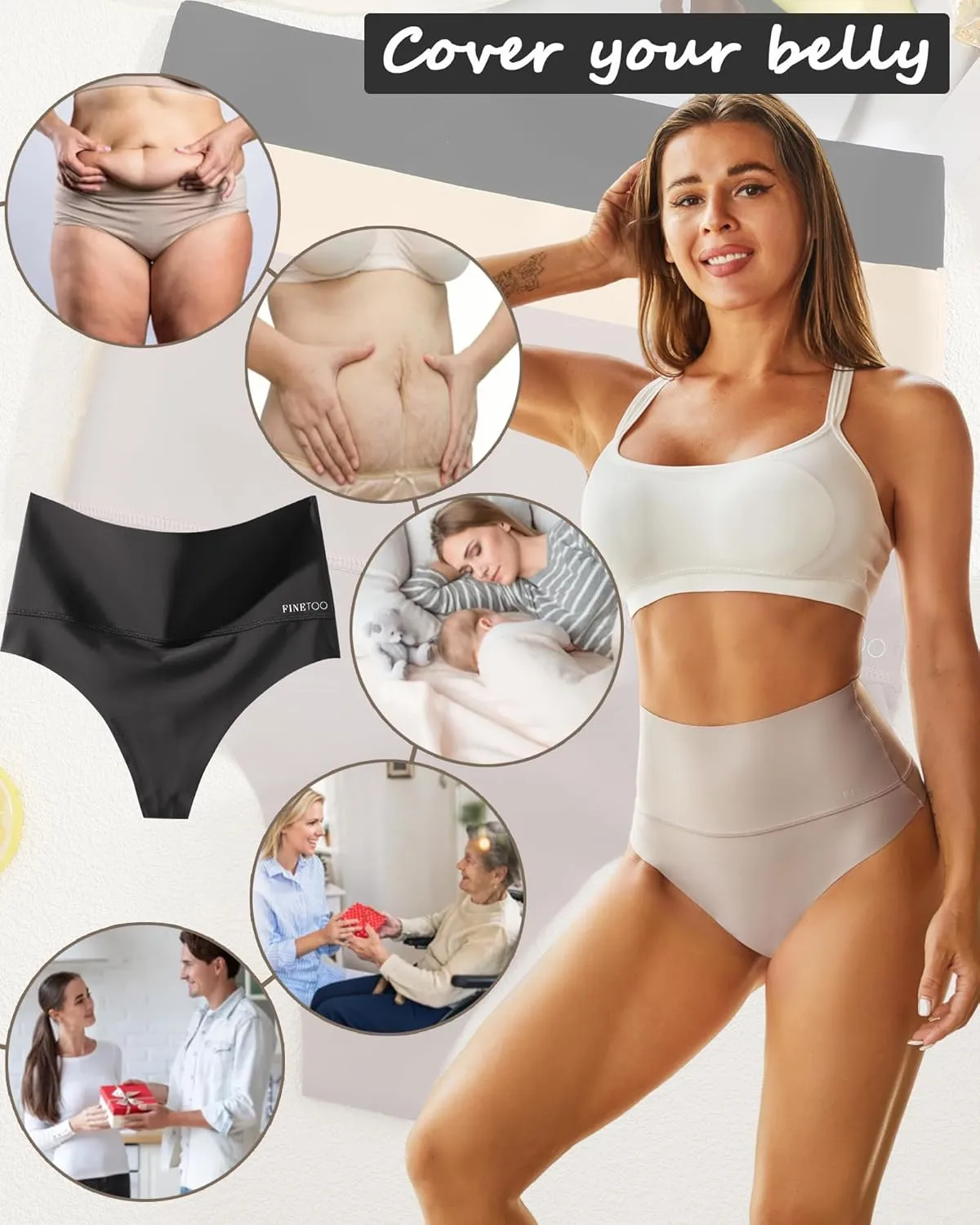 FINETOO Women Underwear High Waisted Thongs Tummy Control Seamless Thongs Shapewear No Show Panties 4 Pack S-3XL