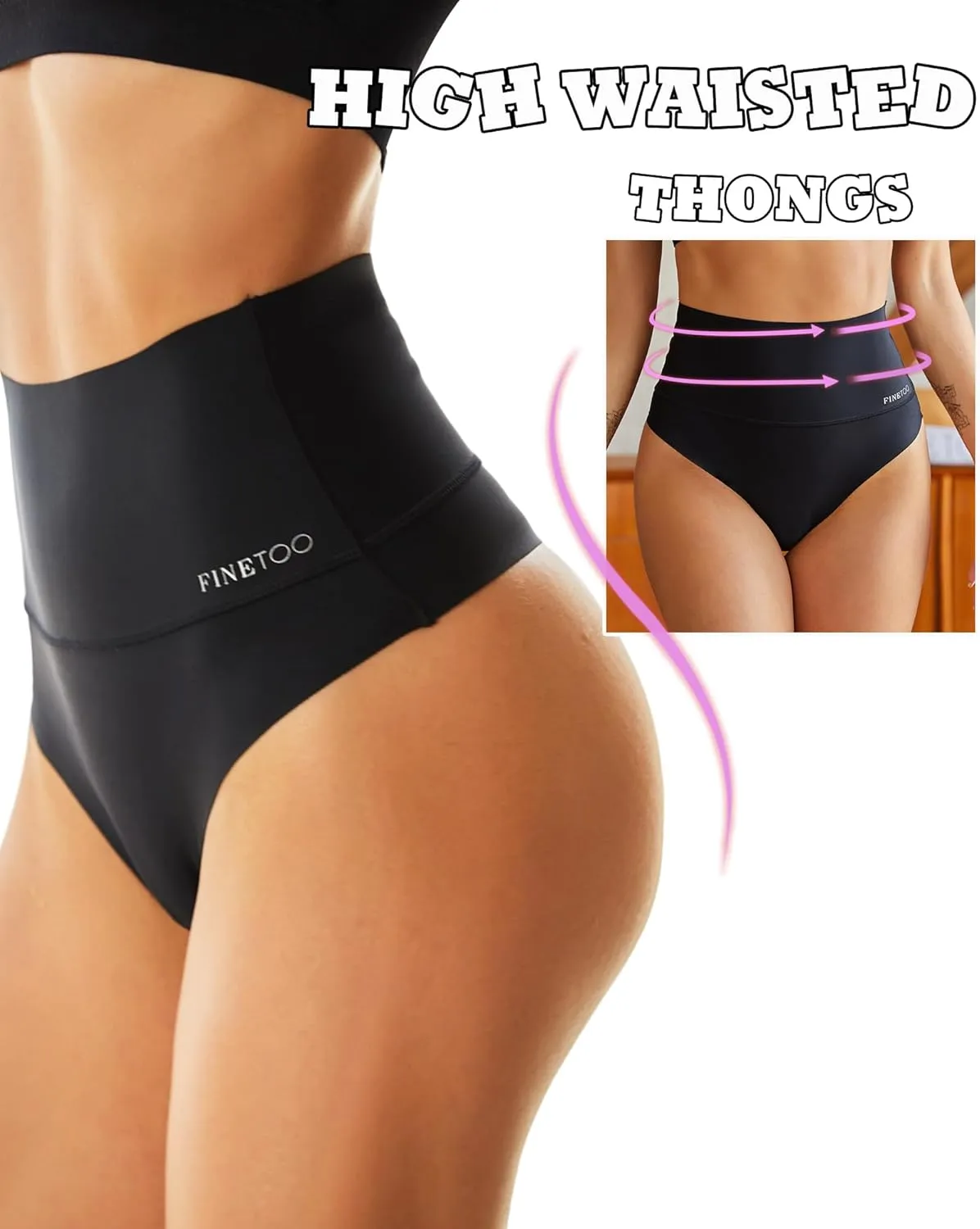 FINETOO Women Underwear High Waisted Thongs Tummy Control Seamless Thongs Shapewear No Show Panties 4 Pack S-3XL